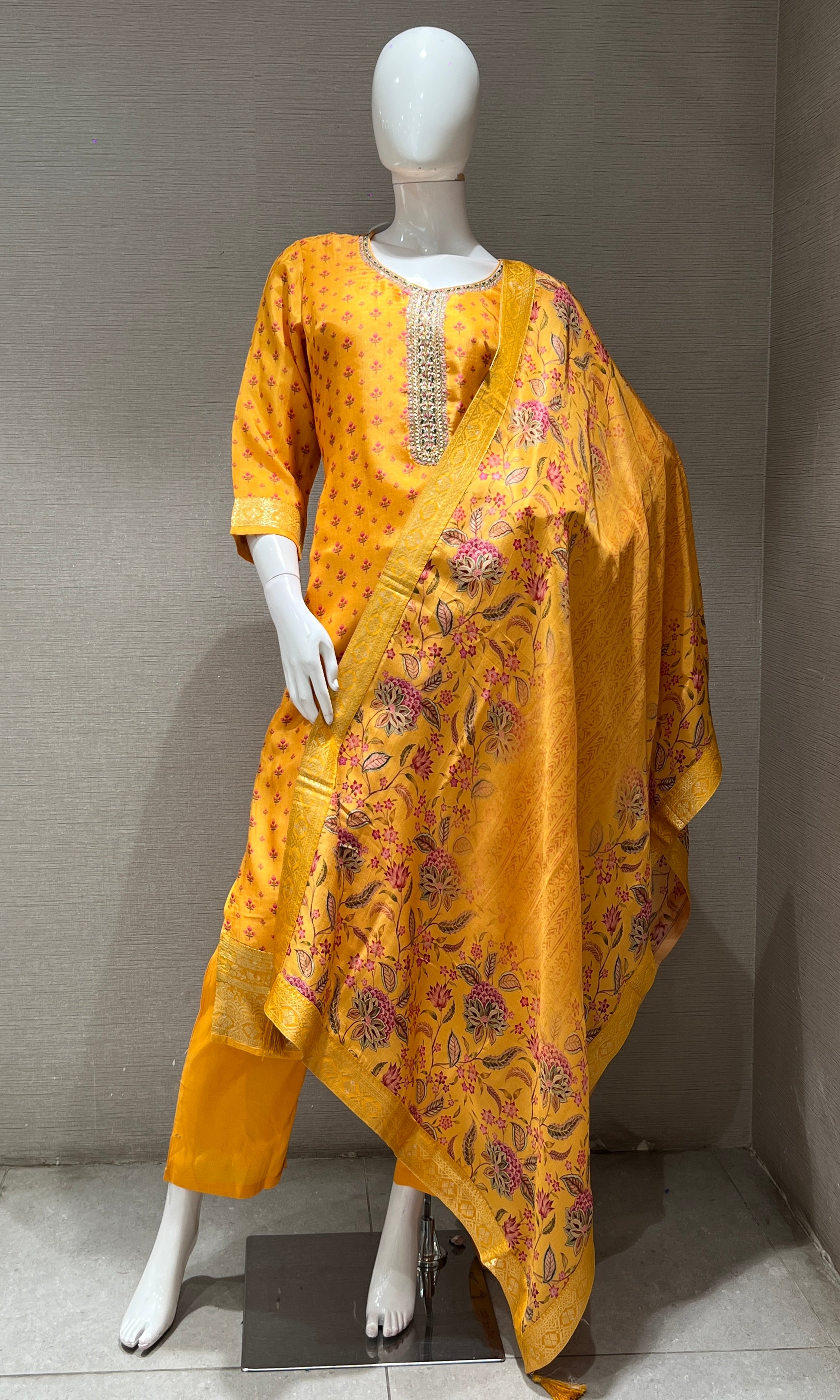 yellow embroidered printed kurta set