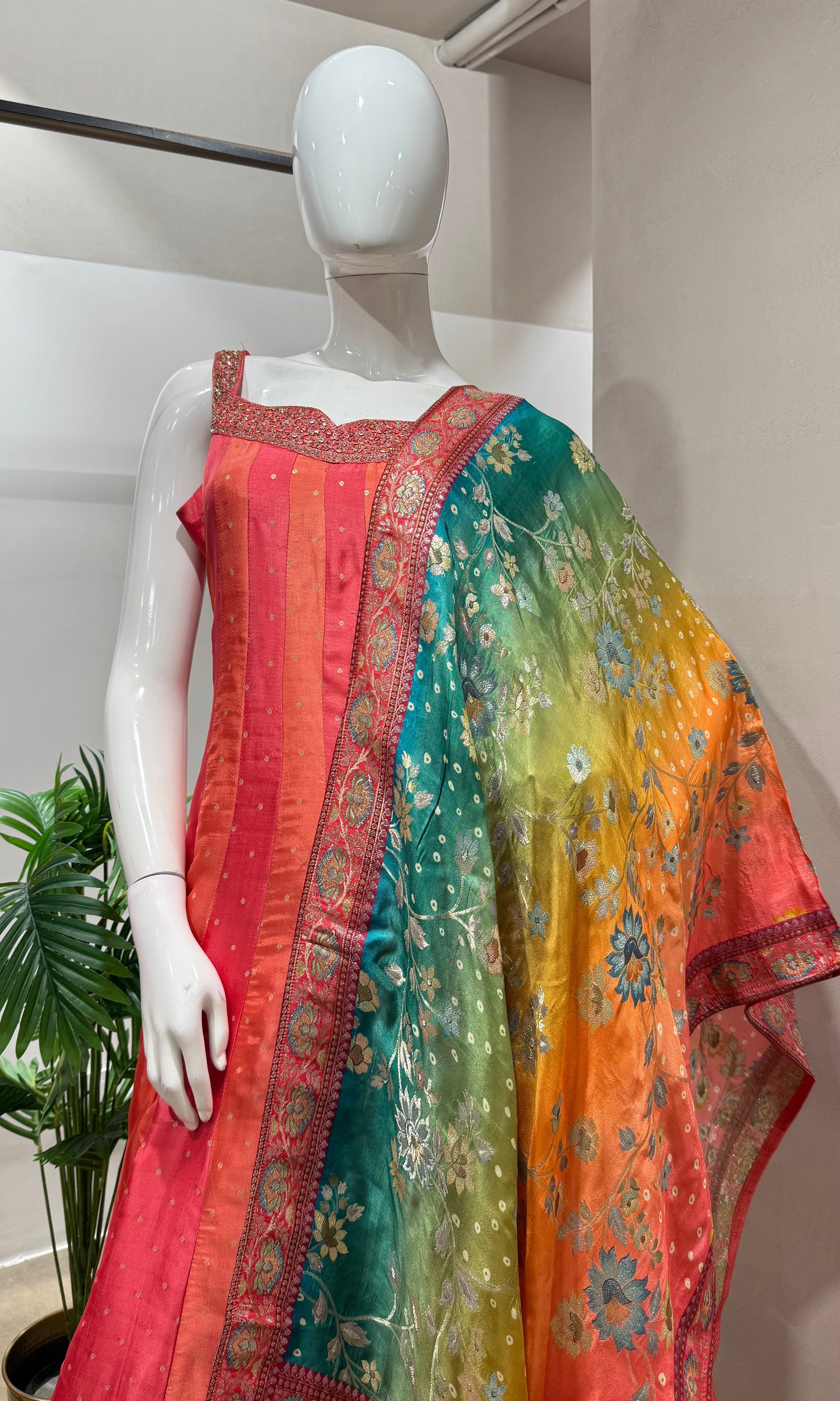 Peach ethnic striped anarkali set