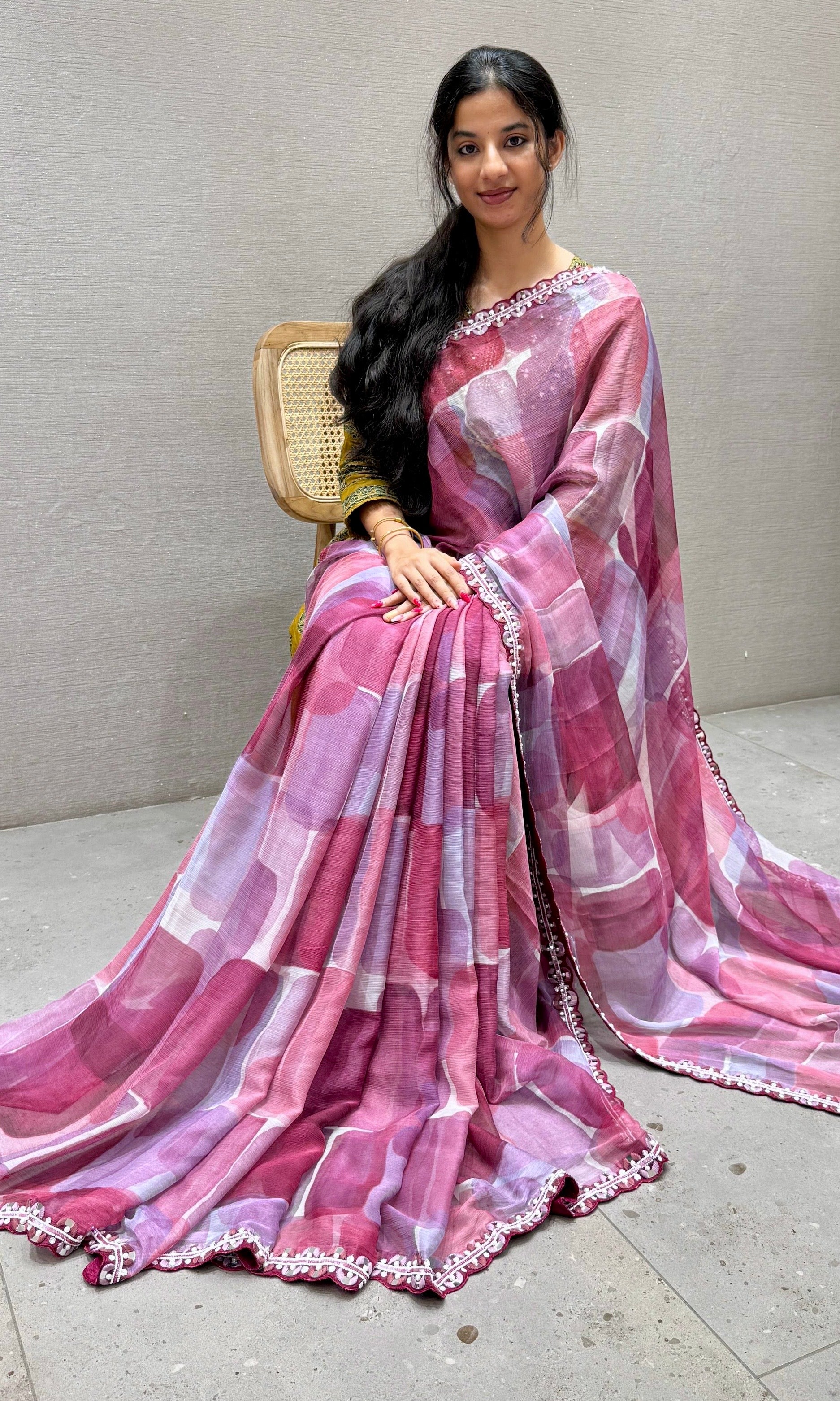 Purple Wine printed crushed Georgette saree with ready blouse
