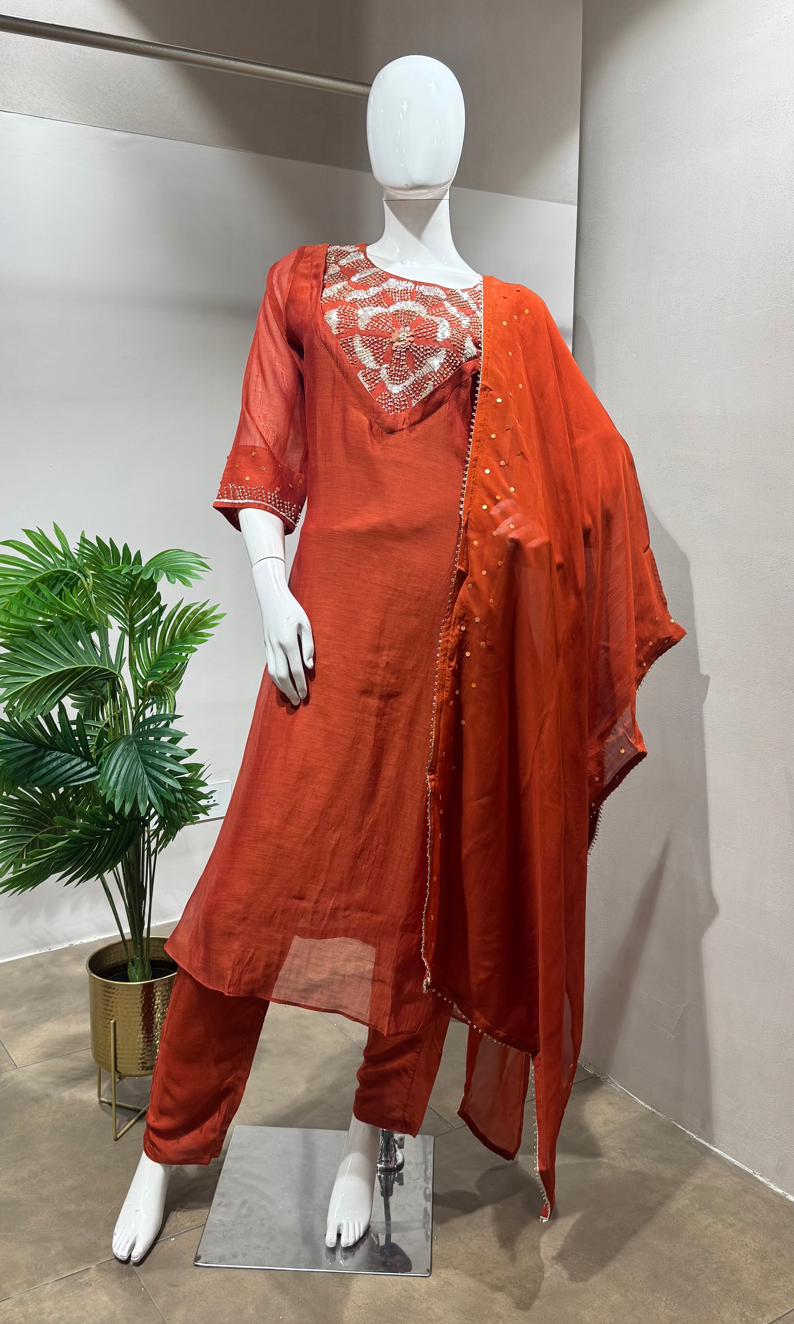 Rust Orange Mul Chanderi Kurta Set