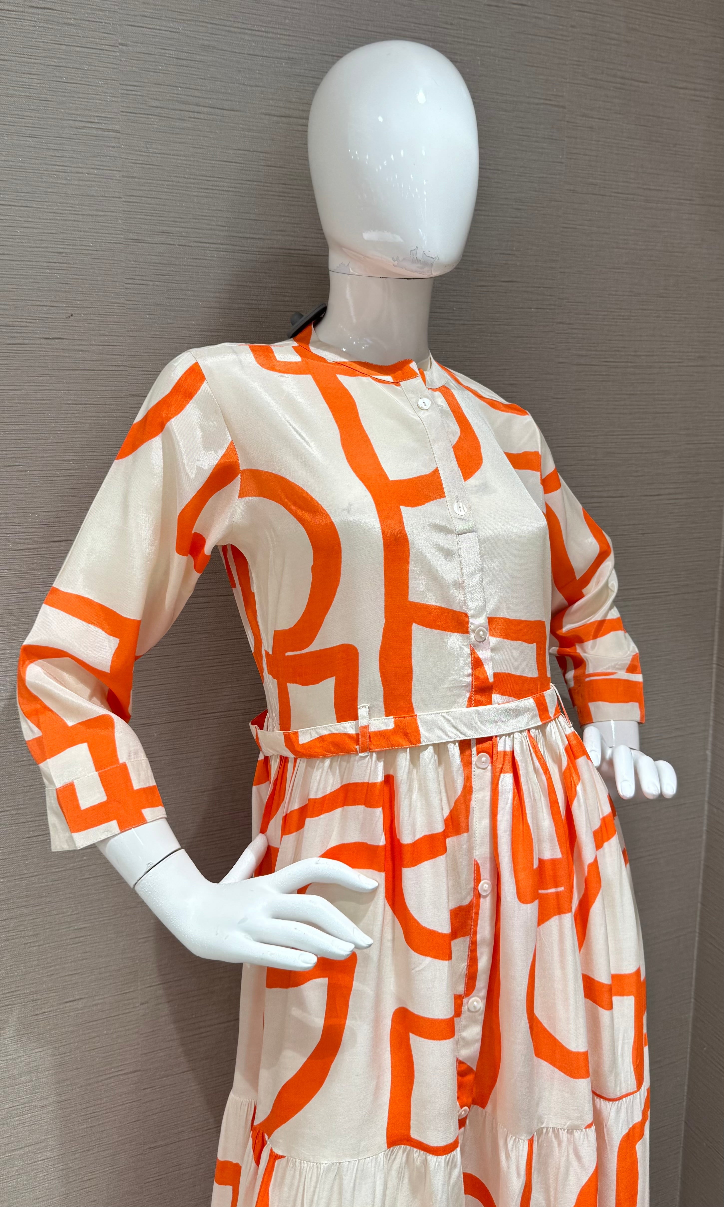 orange and white geometric tiered frock
