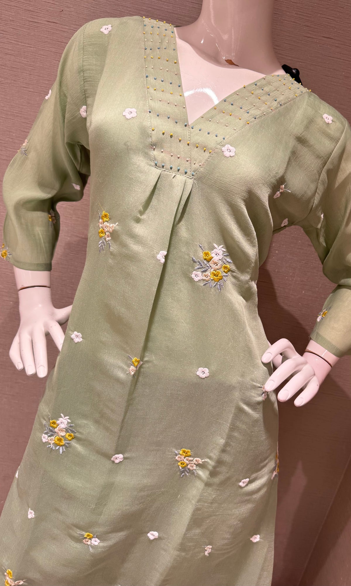Pista Green Chanderi Kurta Set with Gold Zari Border Dupatta