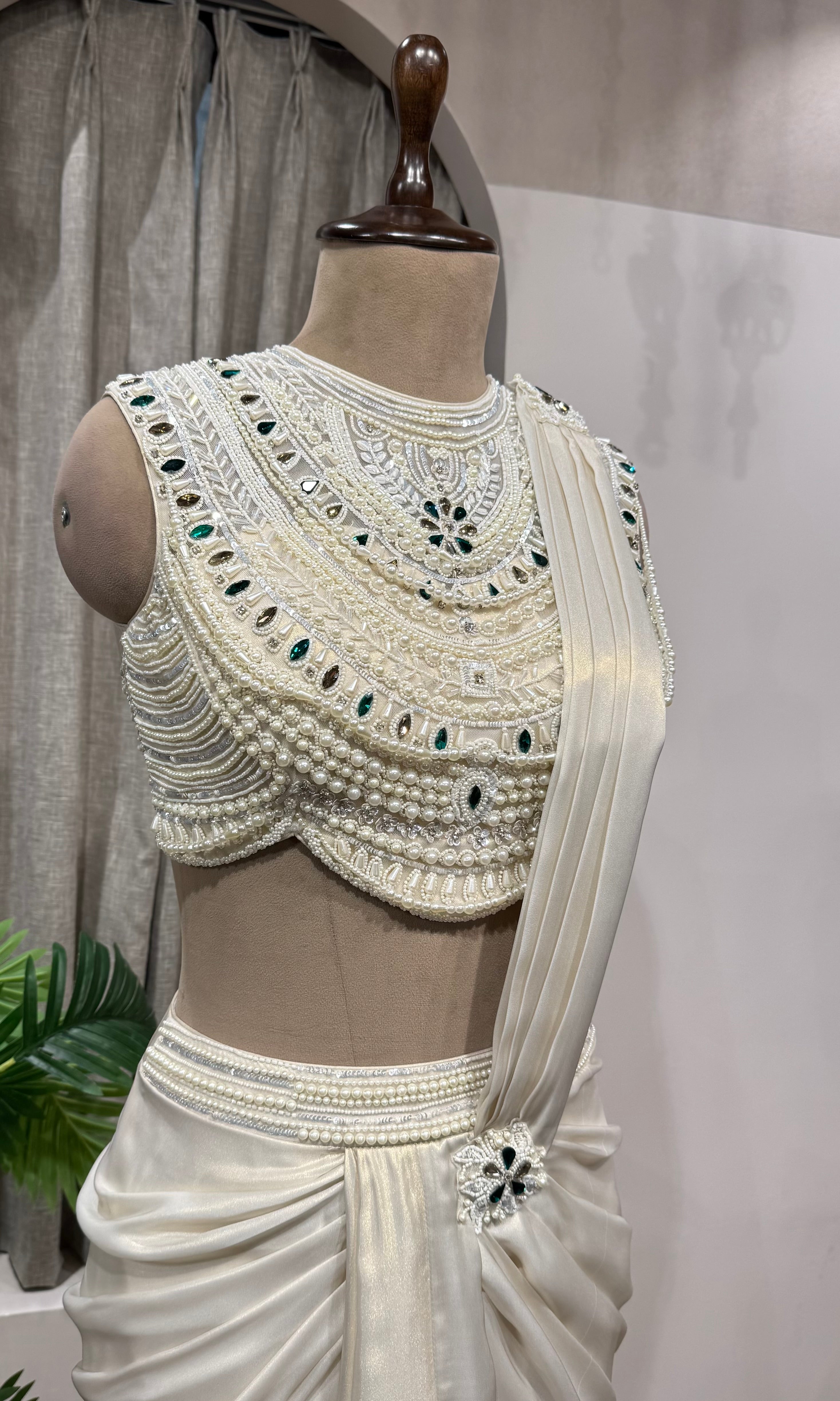 White Mirror and Pearl Embroidered Satin Draped SKIRT
