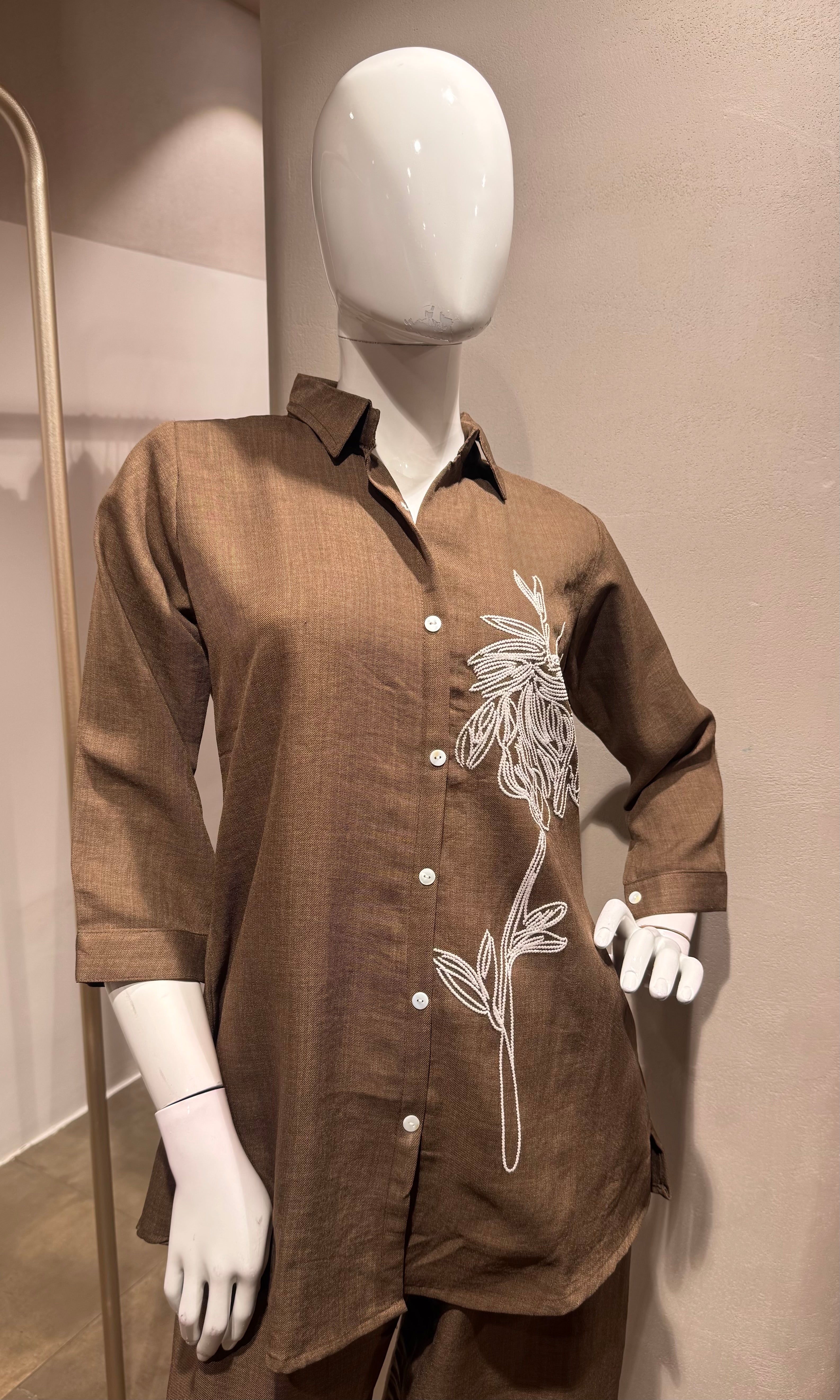 Brown Floral Embroidered Cord Set