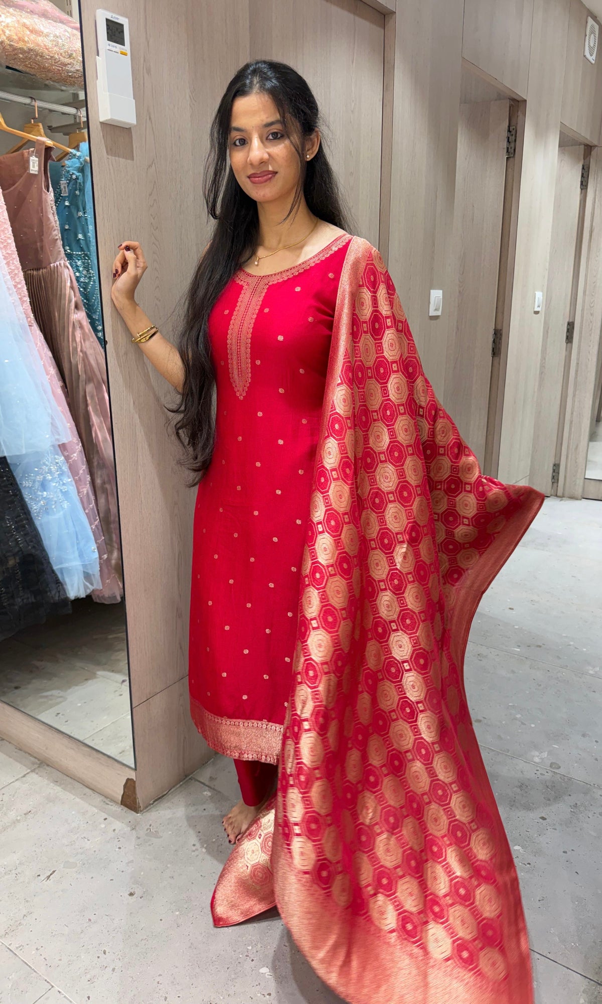 Red Banarasi silk Kurta Set with Patterned Dupatta