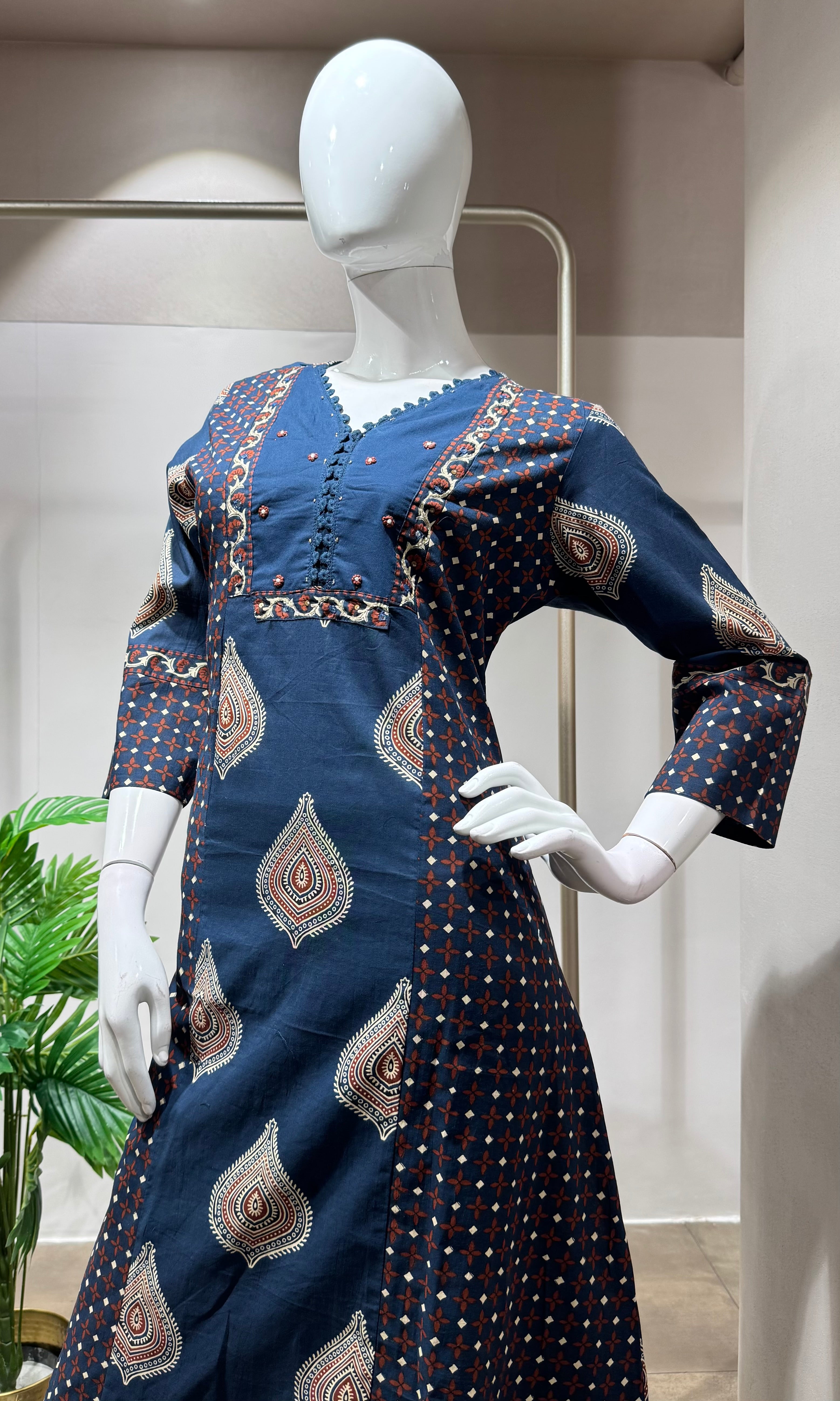 Navy blue block print design kurta set