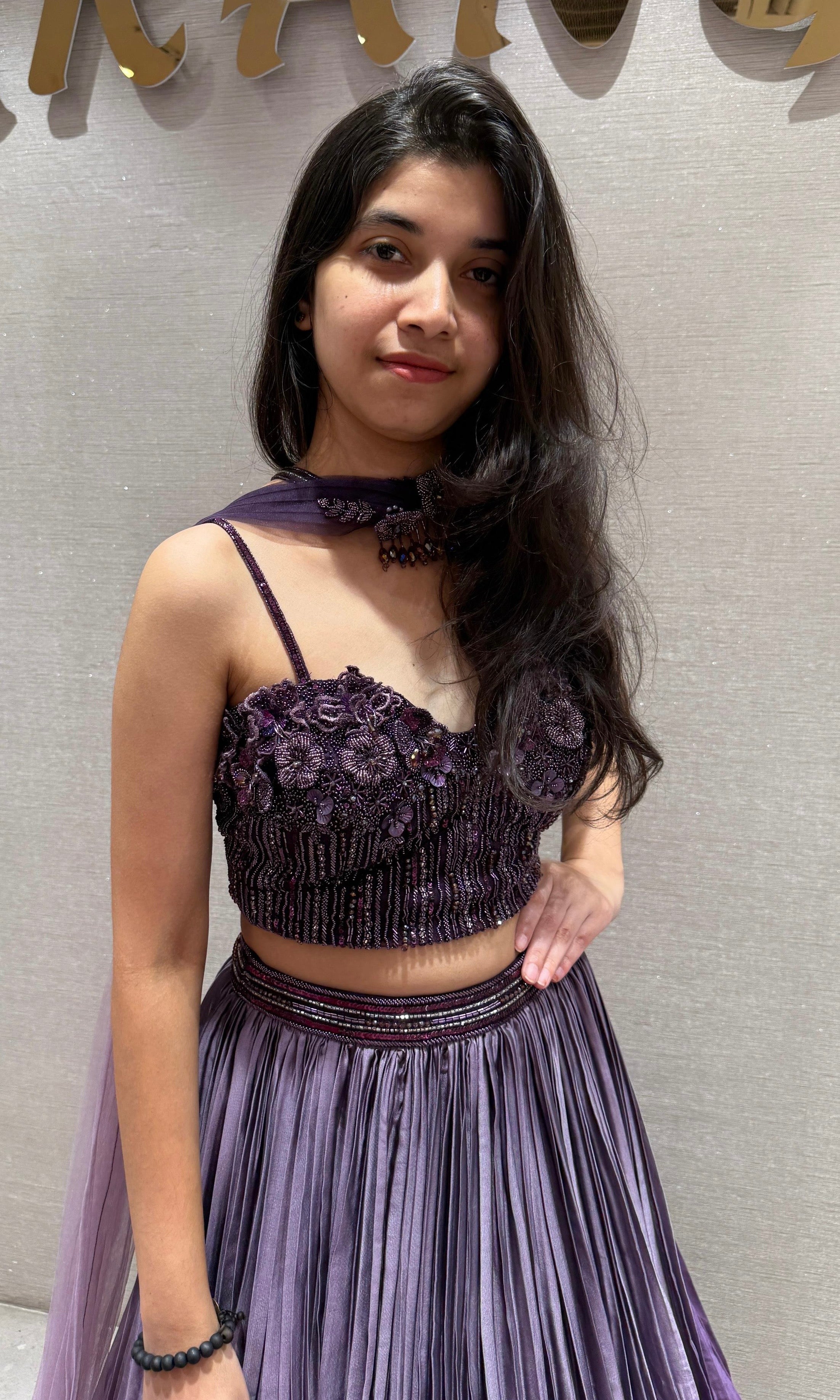 Purple Plum Embellished Blouse Pleated Lehenga