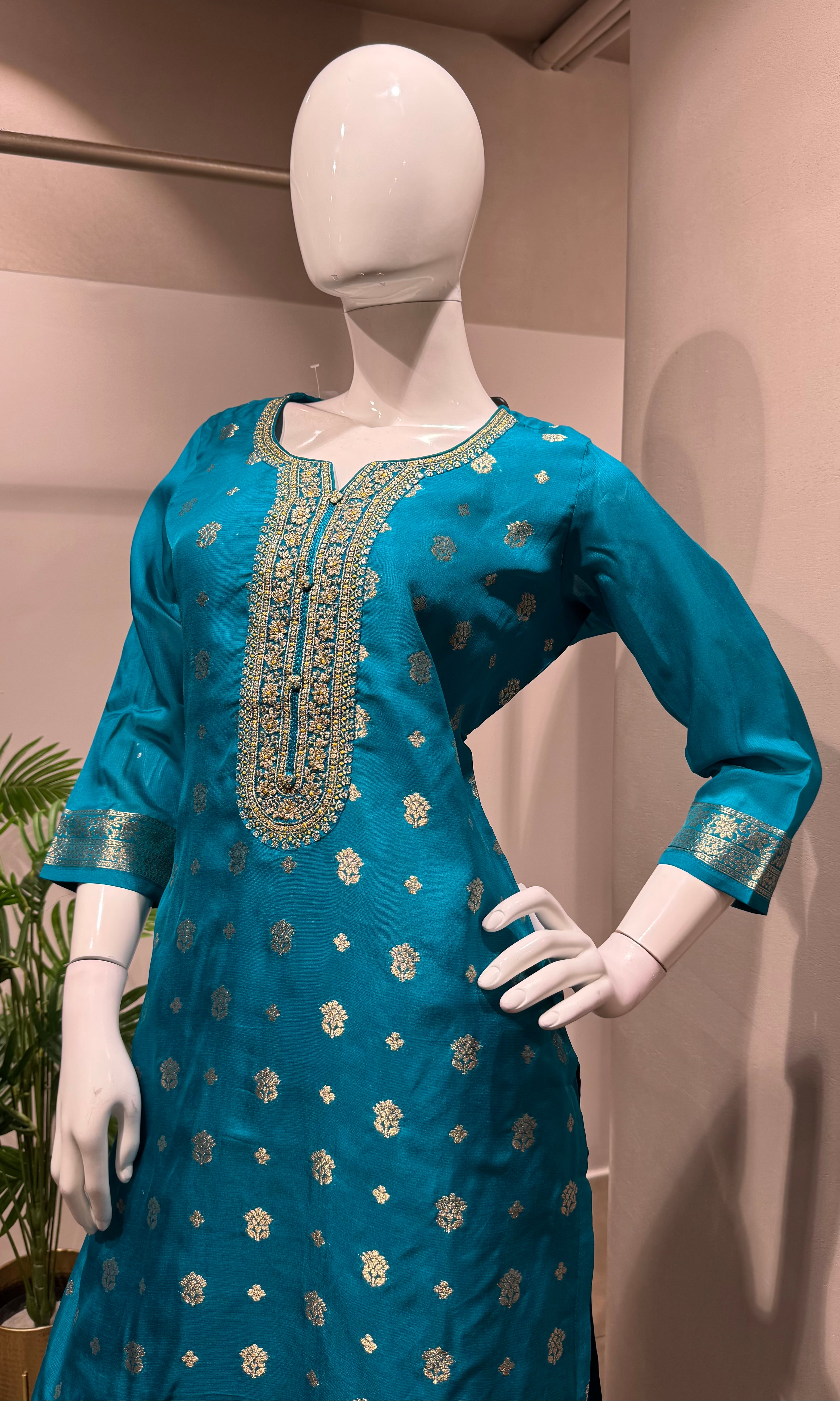 Rama blue woven design silk blend kurta set