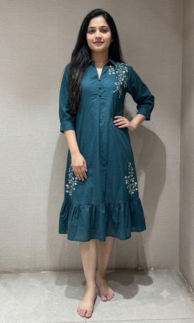 Green FLORAL RUFFLE DRESS