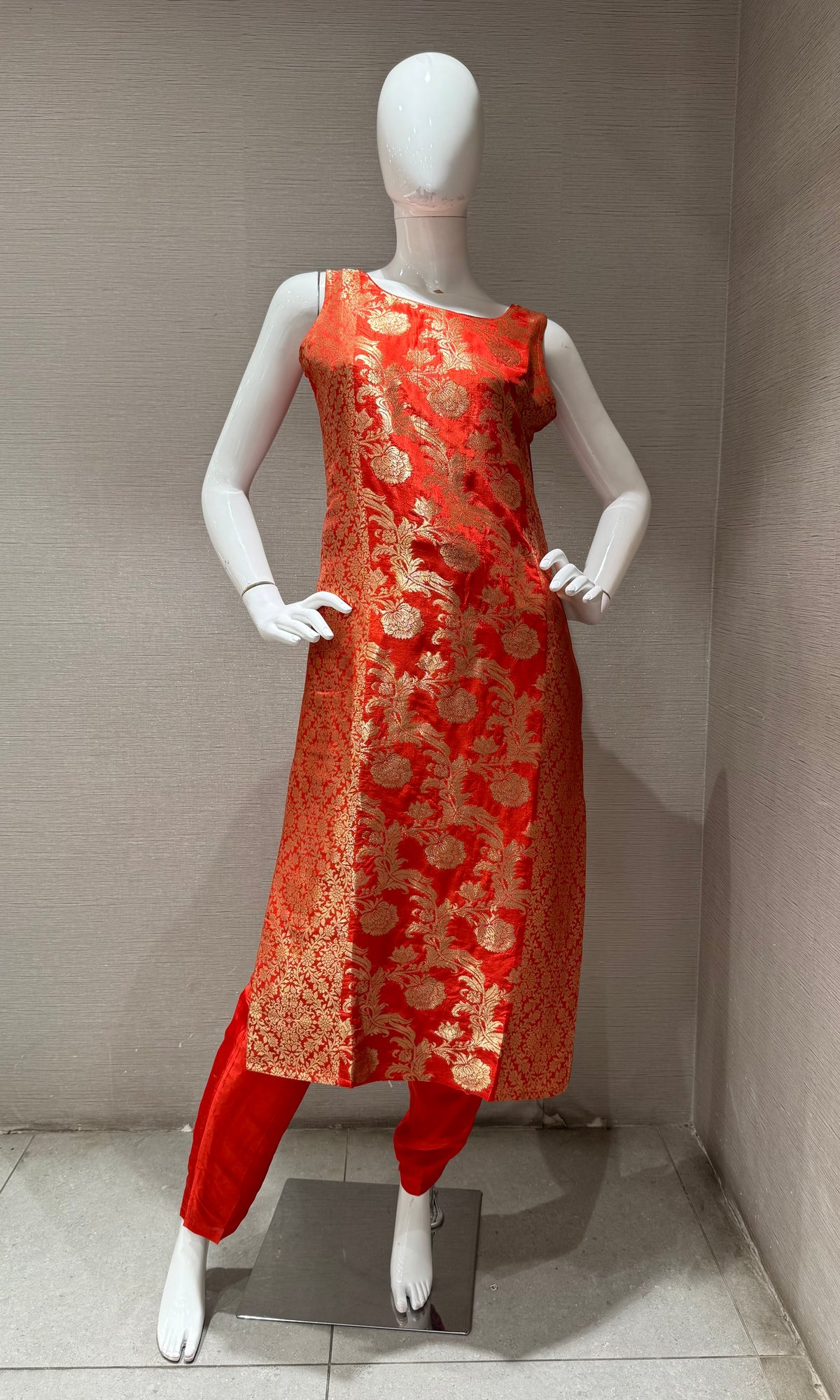 Orange Banarasi Silk Golden Floral Zari kurta set