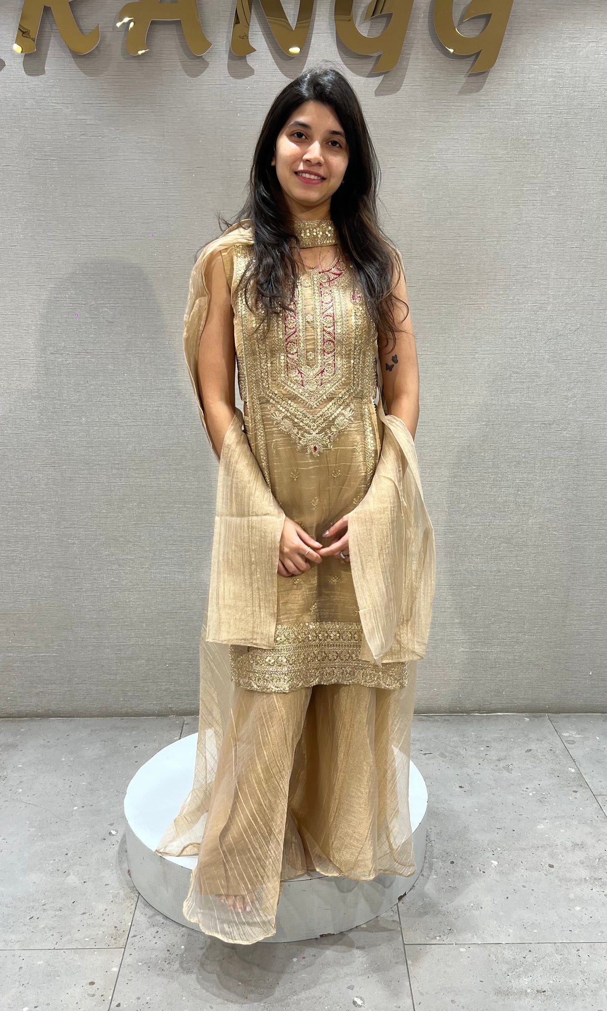 Beige tissue Embroidered Palazzo Set with Net Dupatta