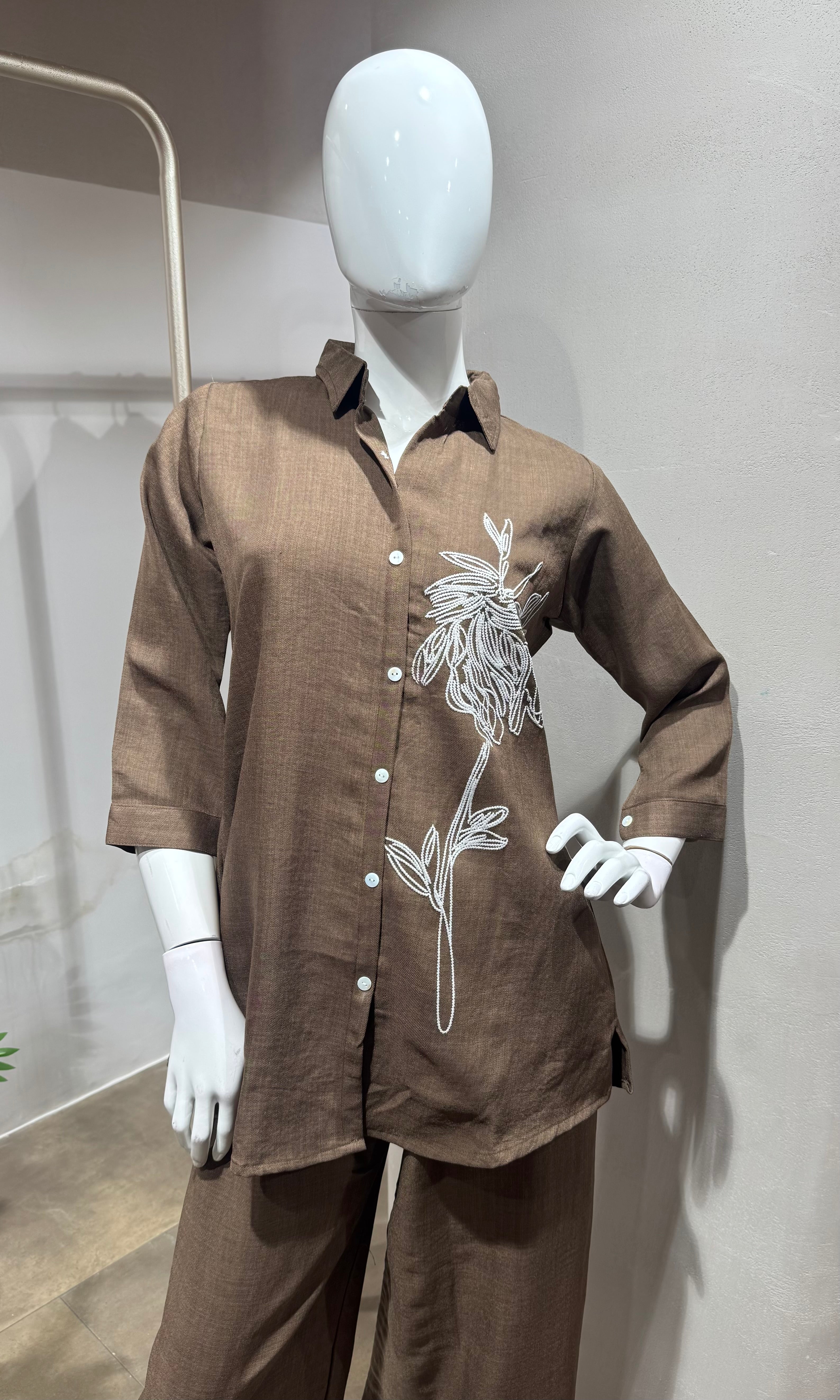 Brown Floral Embroidered Cord Set