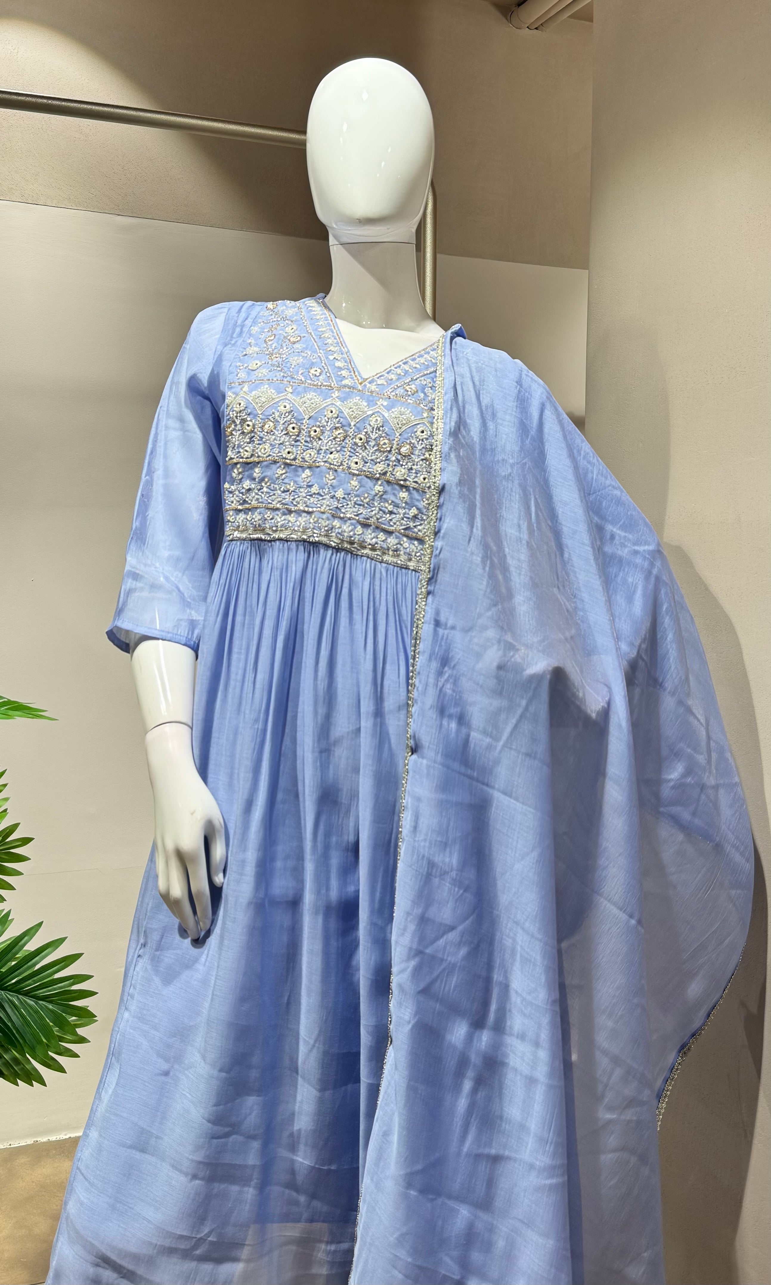 Sea blue pearl embroidery mul chanderi kurta set