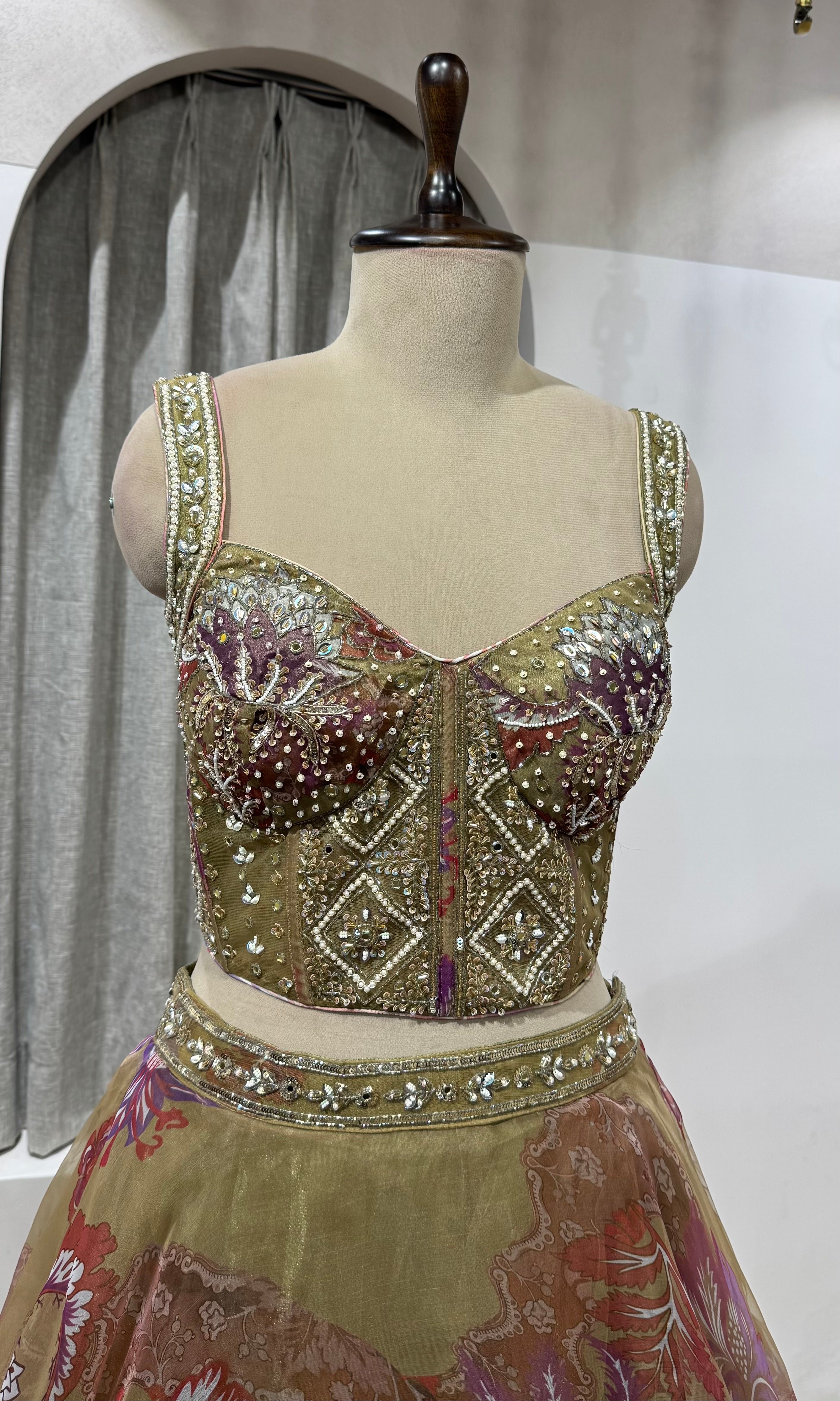 GREEN Floral Printed Corset Lehenga