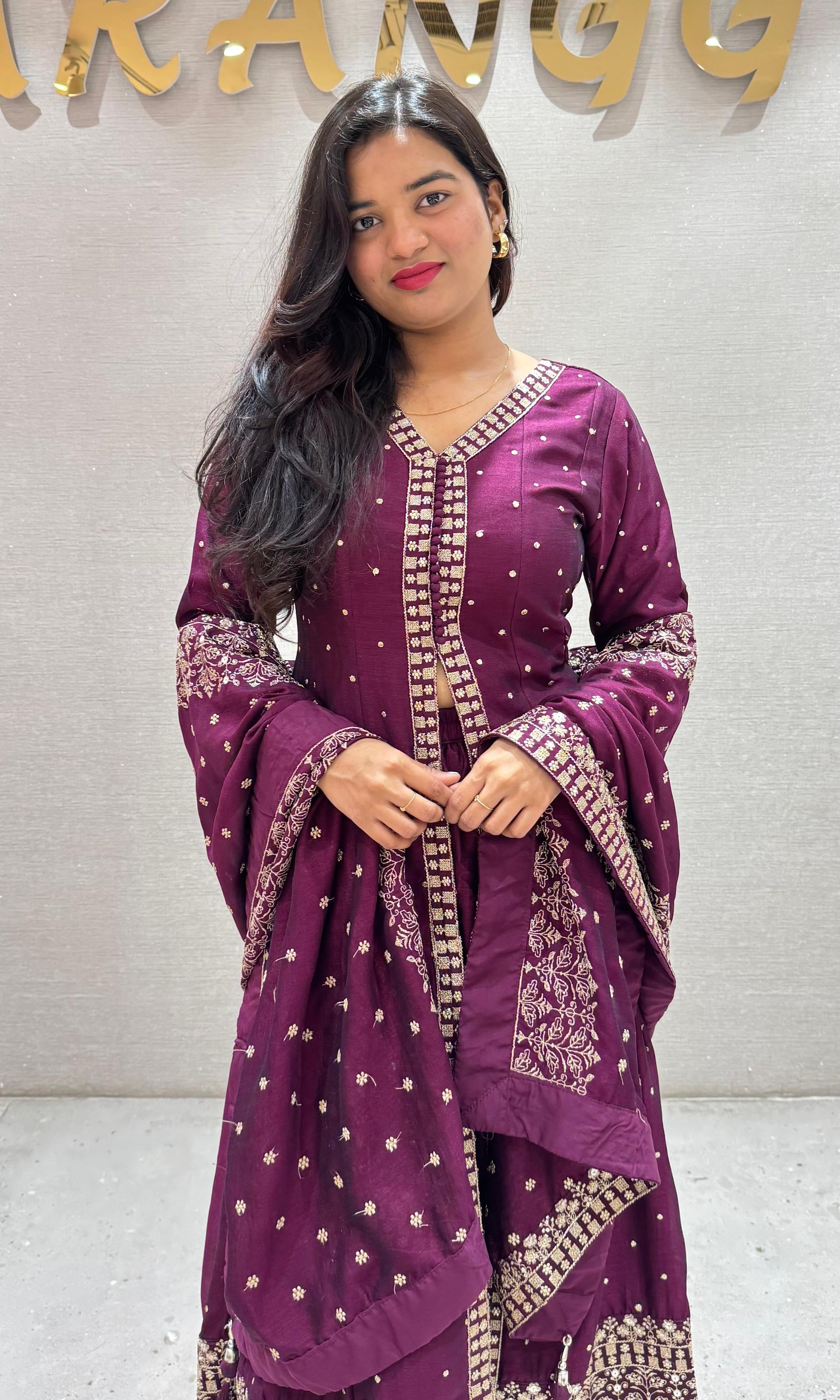 Wine FRONT SLIT EMBROIDERED ANARKALI