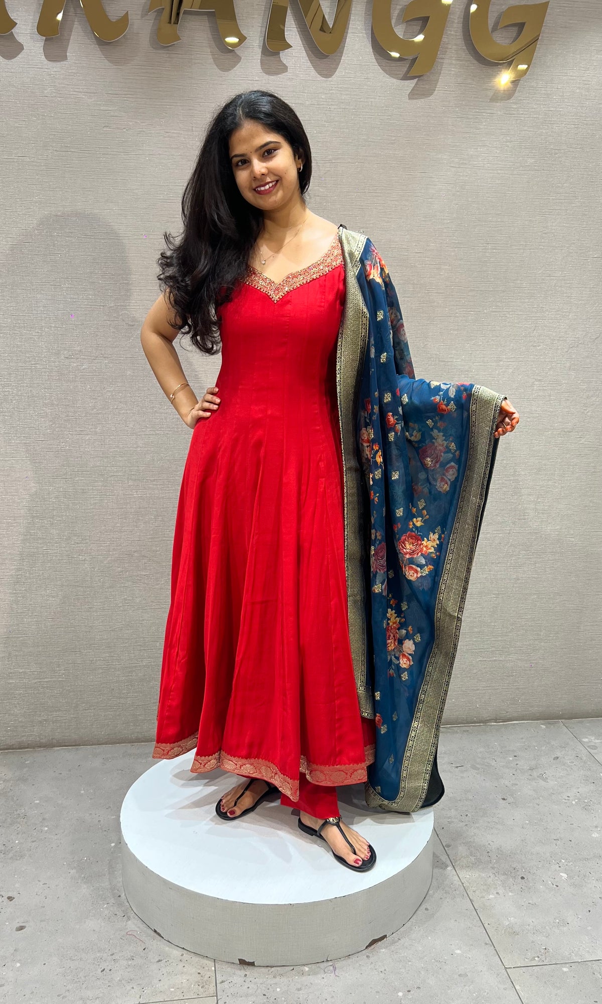 Red Georgette Anarkali Set with Blue Floral Dupatta