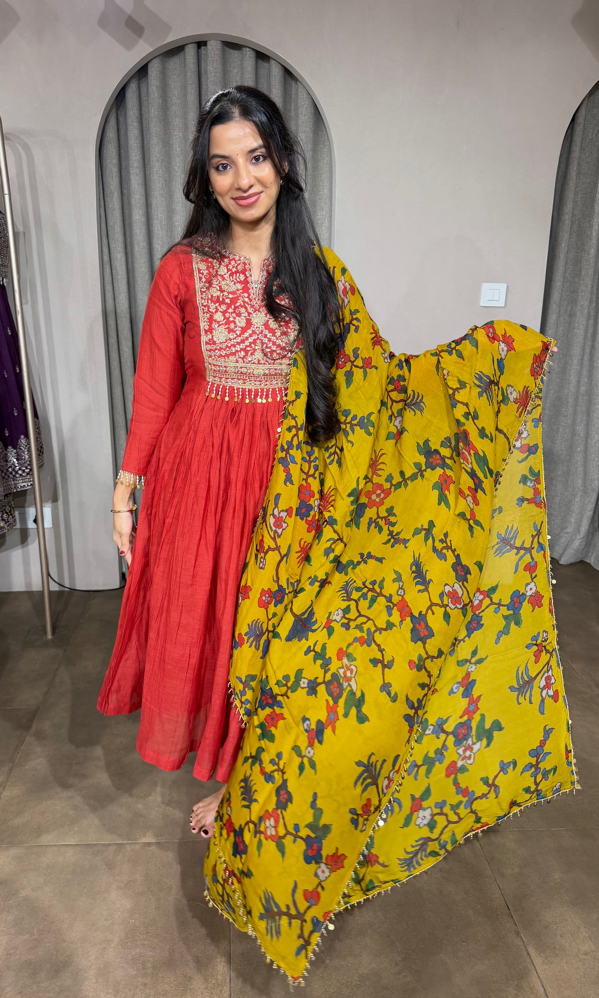 Red Mul Chanderi Kurta Set with Floral Mustard Dupatta
