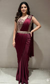 wine drape saree with corset blouse and belt