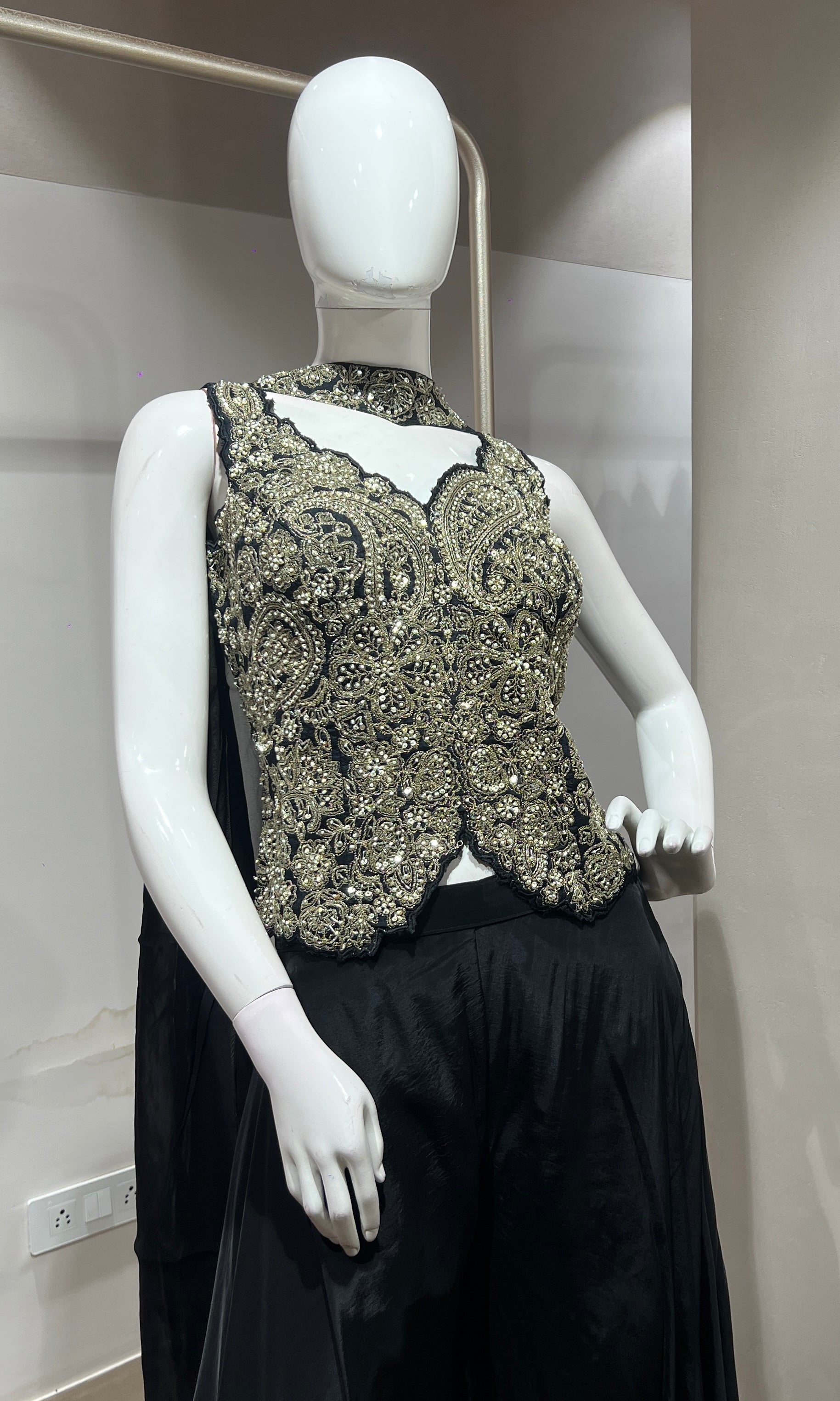 Black embroidered corset style palazzo set