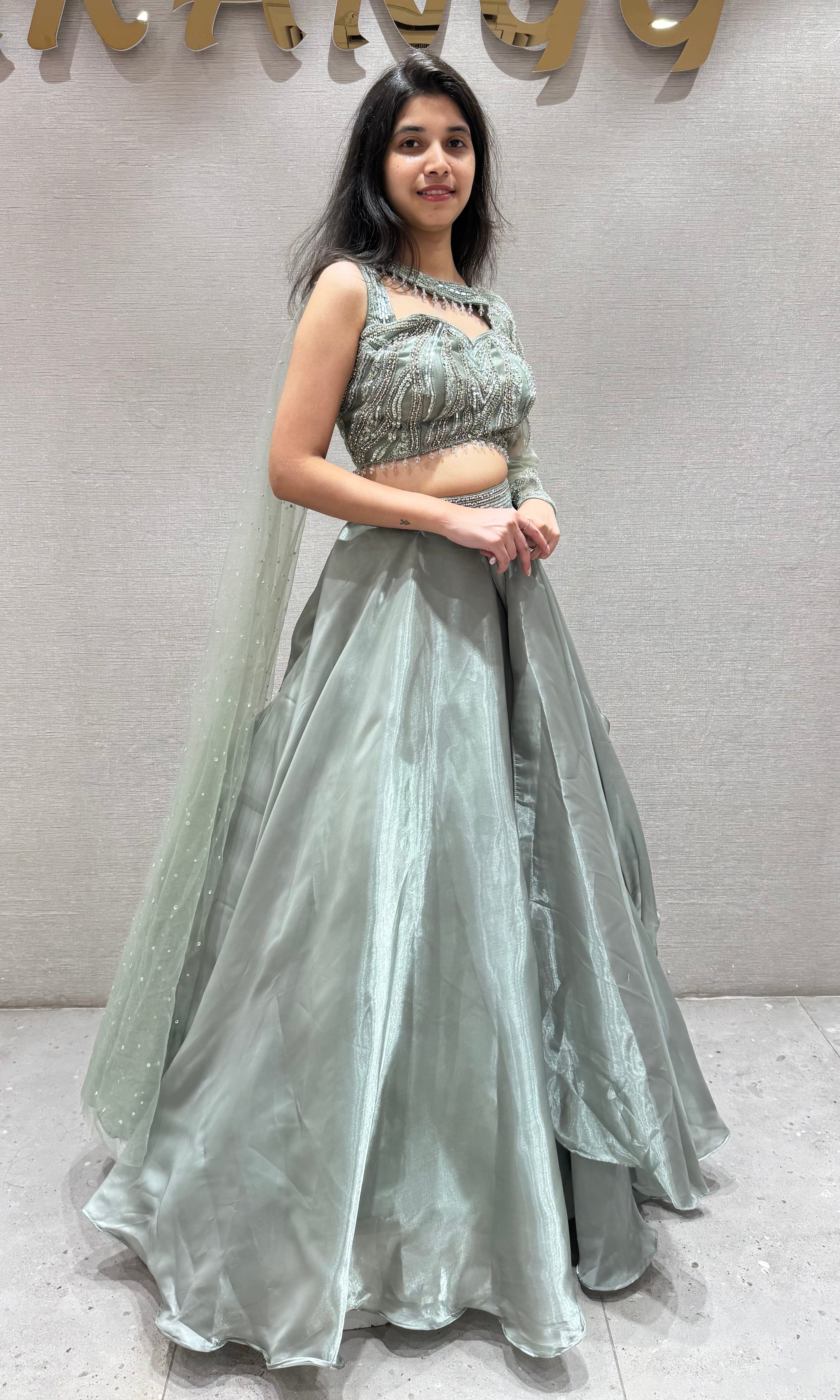 Pista green Organza Embroidered Lehenga Set
