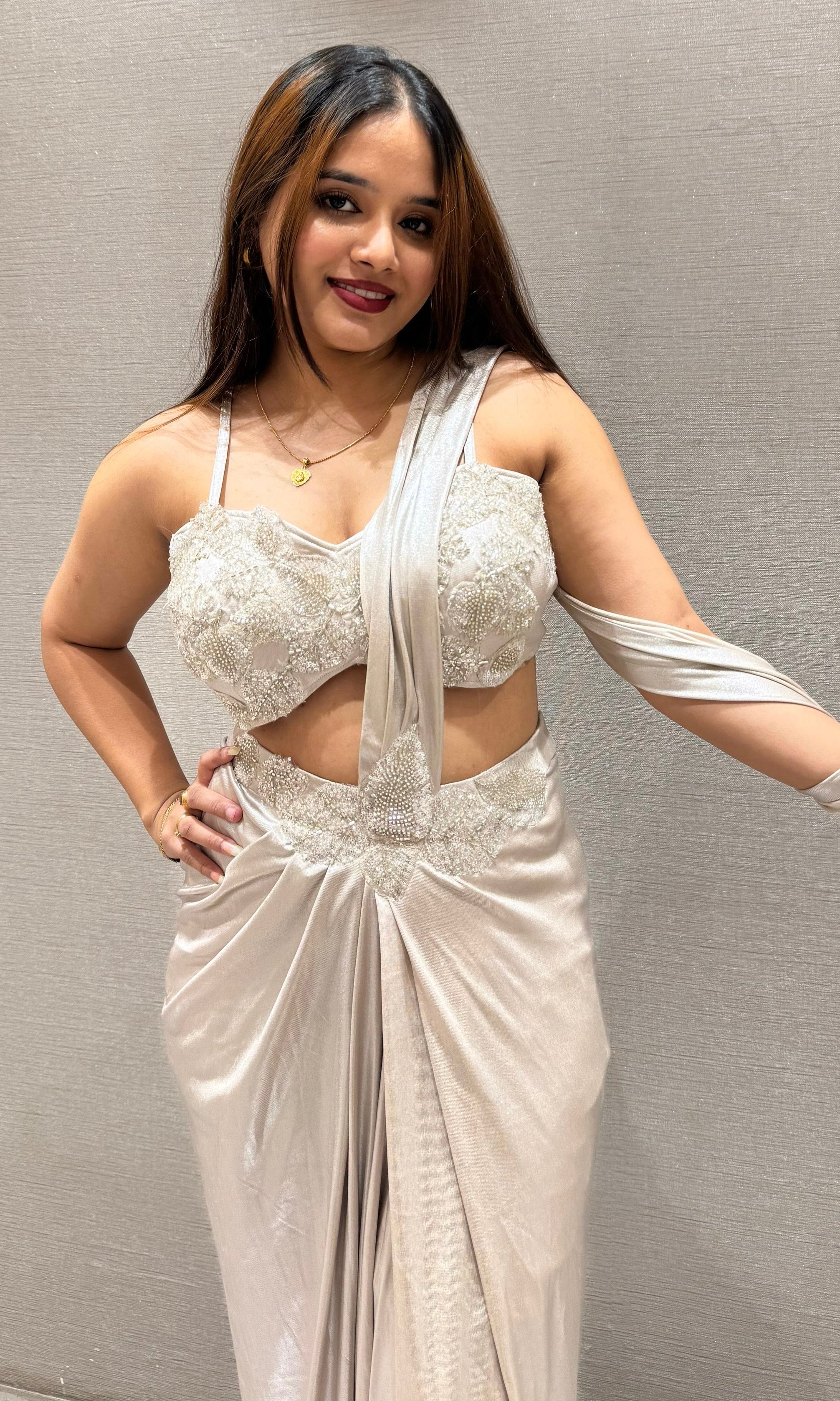 Silver one minute saree with cape