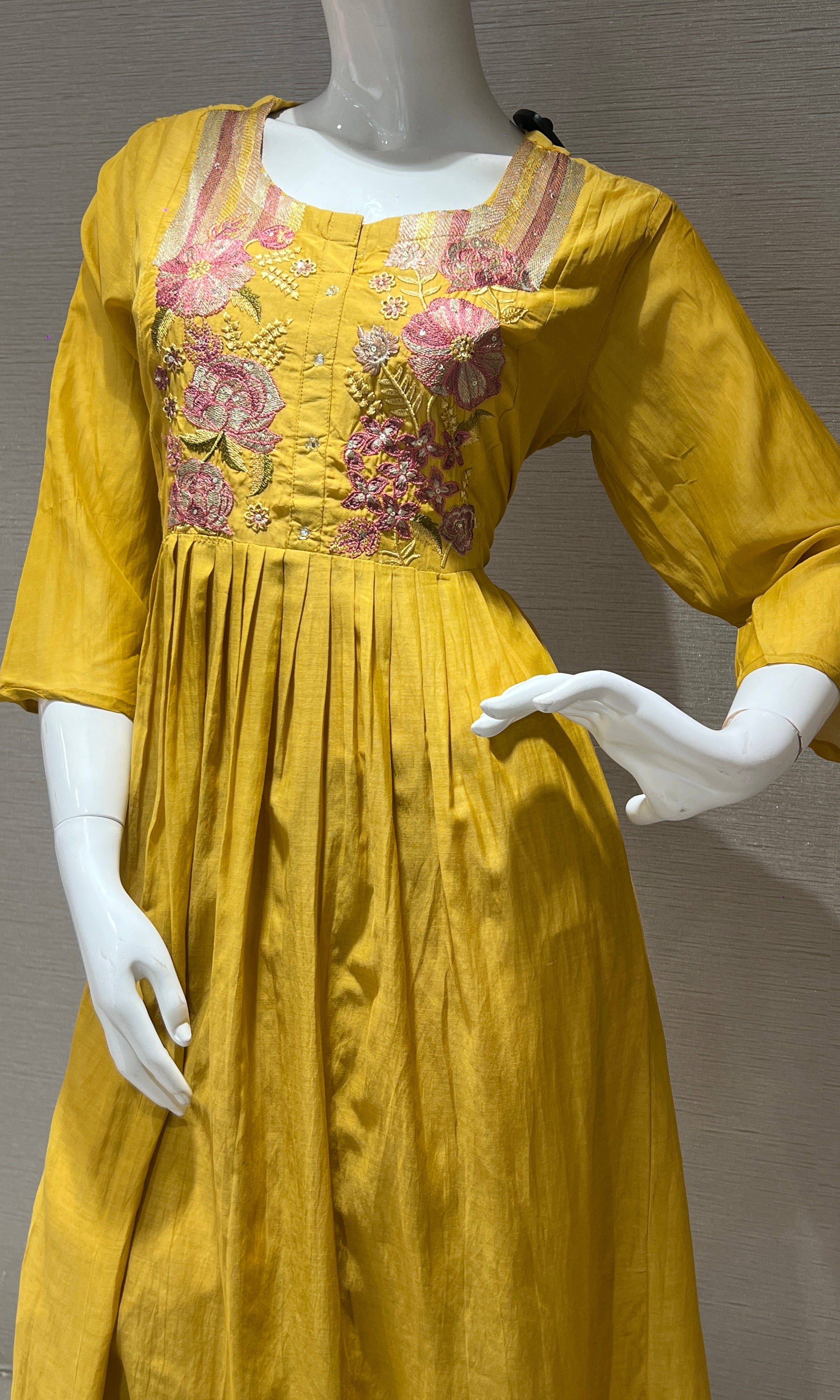 Yellow Mul Chanderi A-line  Kurta set