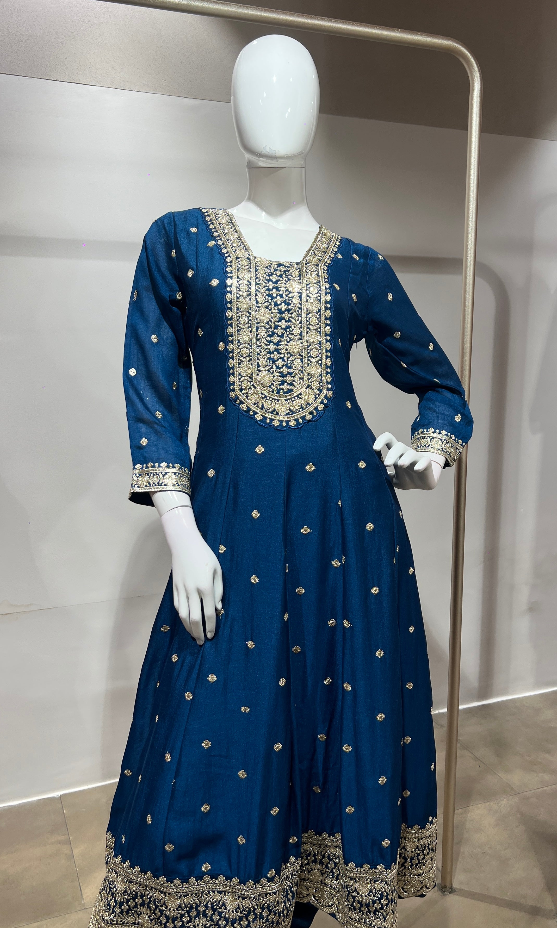 Blue gold embroidered Anarkali set
