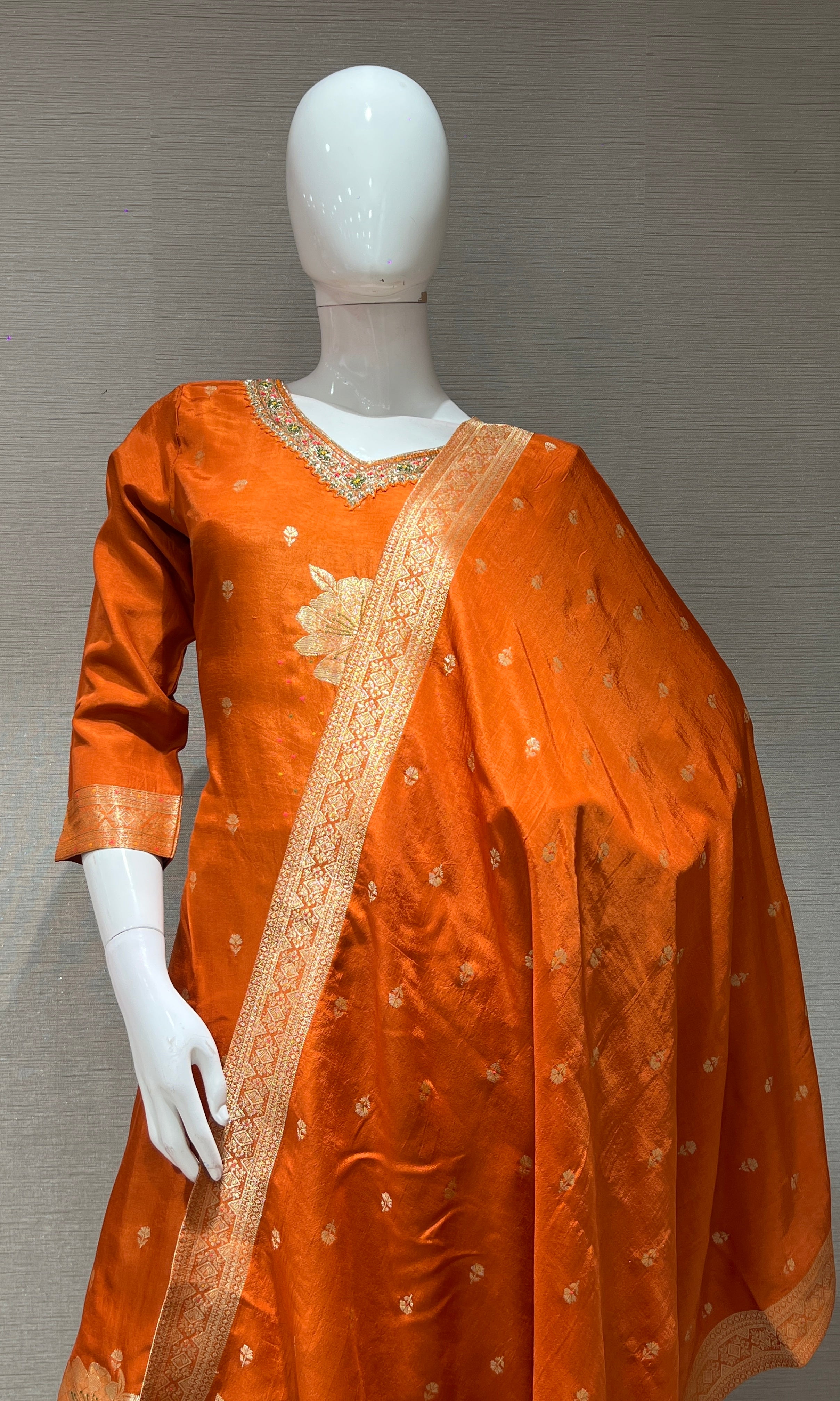 Orange golden floral Kurta Set