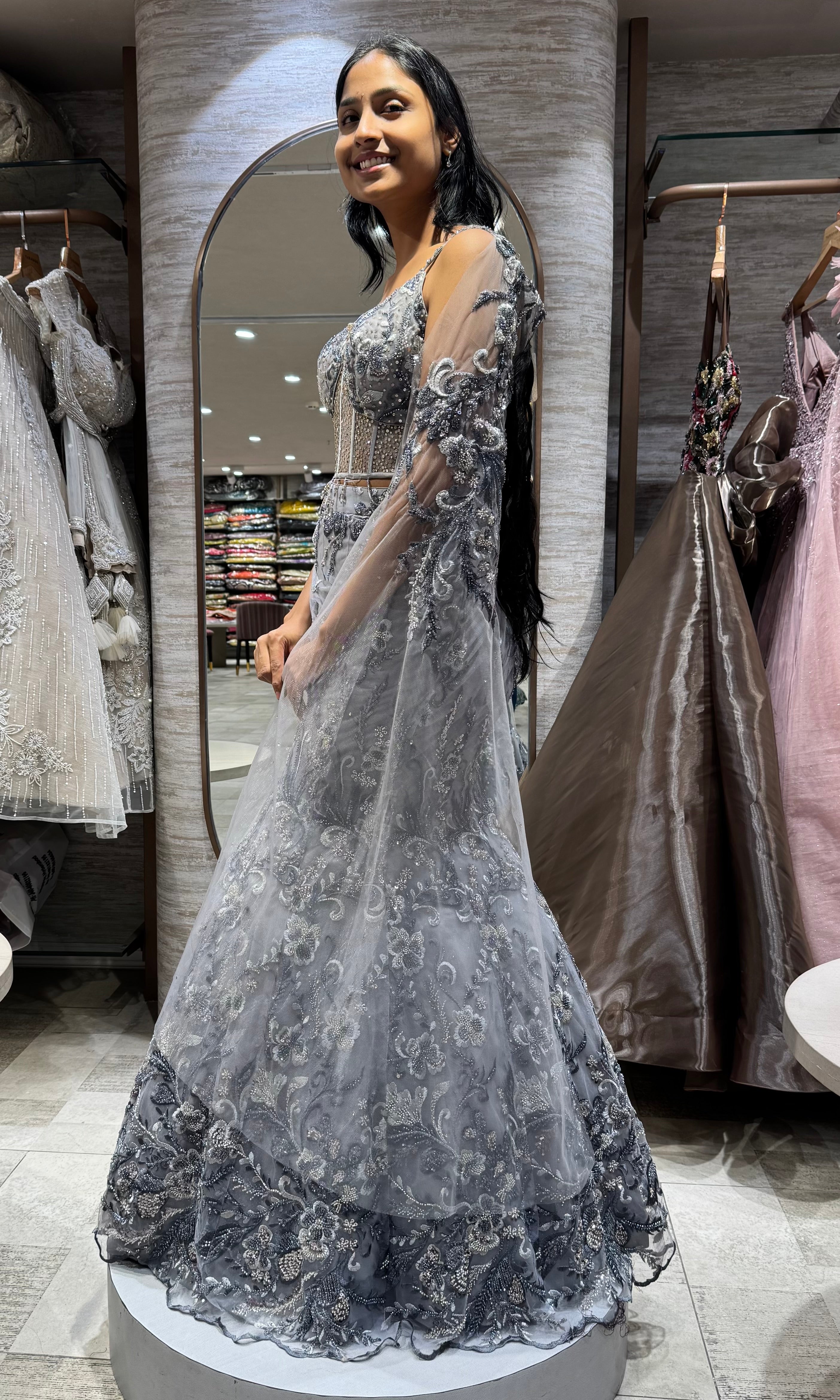 Grey Shimmer Sequins Embroidery Lehenga