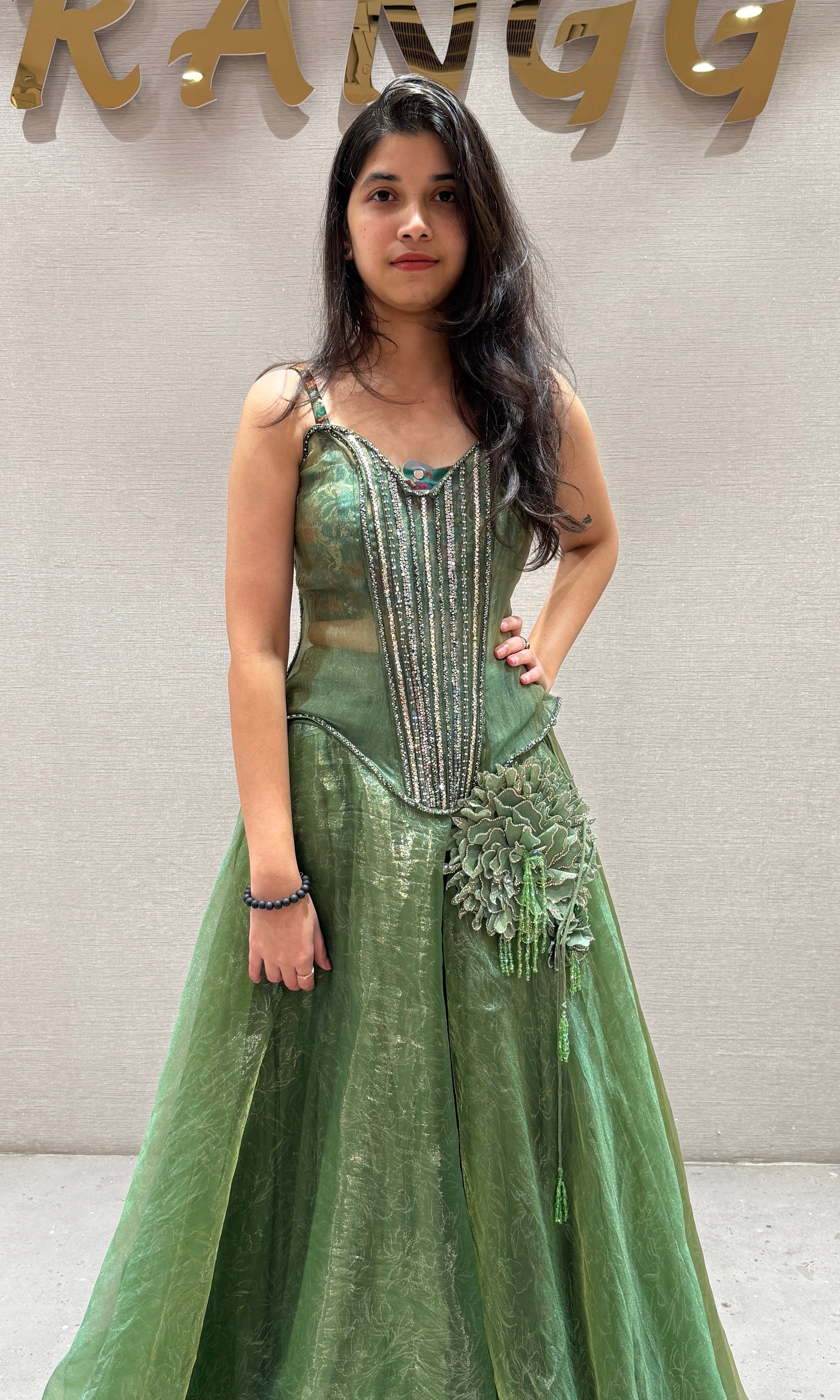 Green Floral Accent Corset Gown