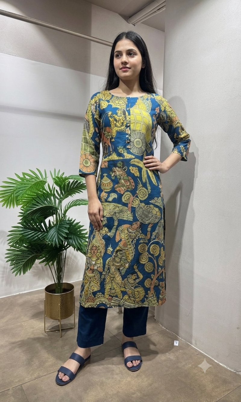 green and blue printed kurti with bottom