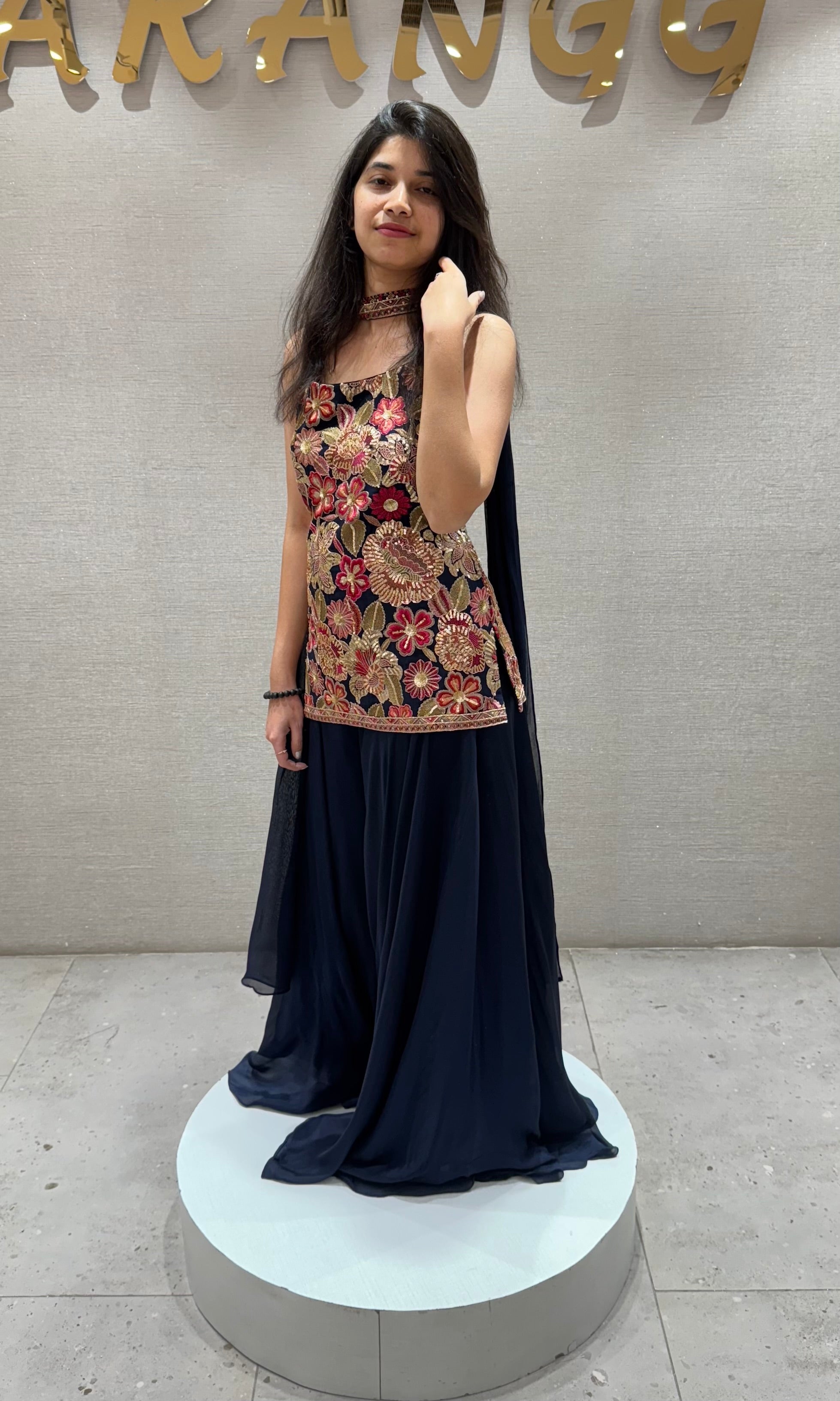 Navy blue FLORAL SHARARA SET