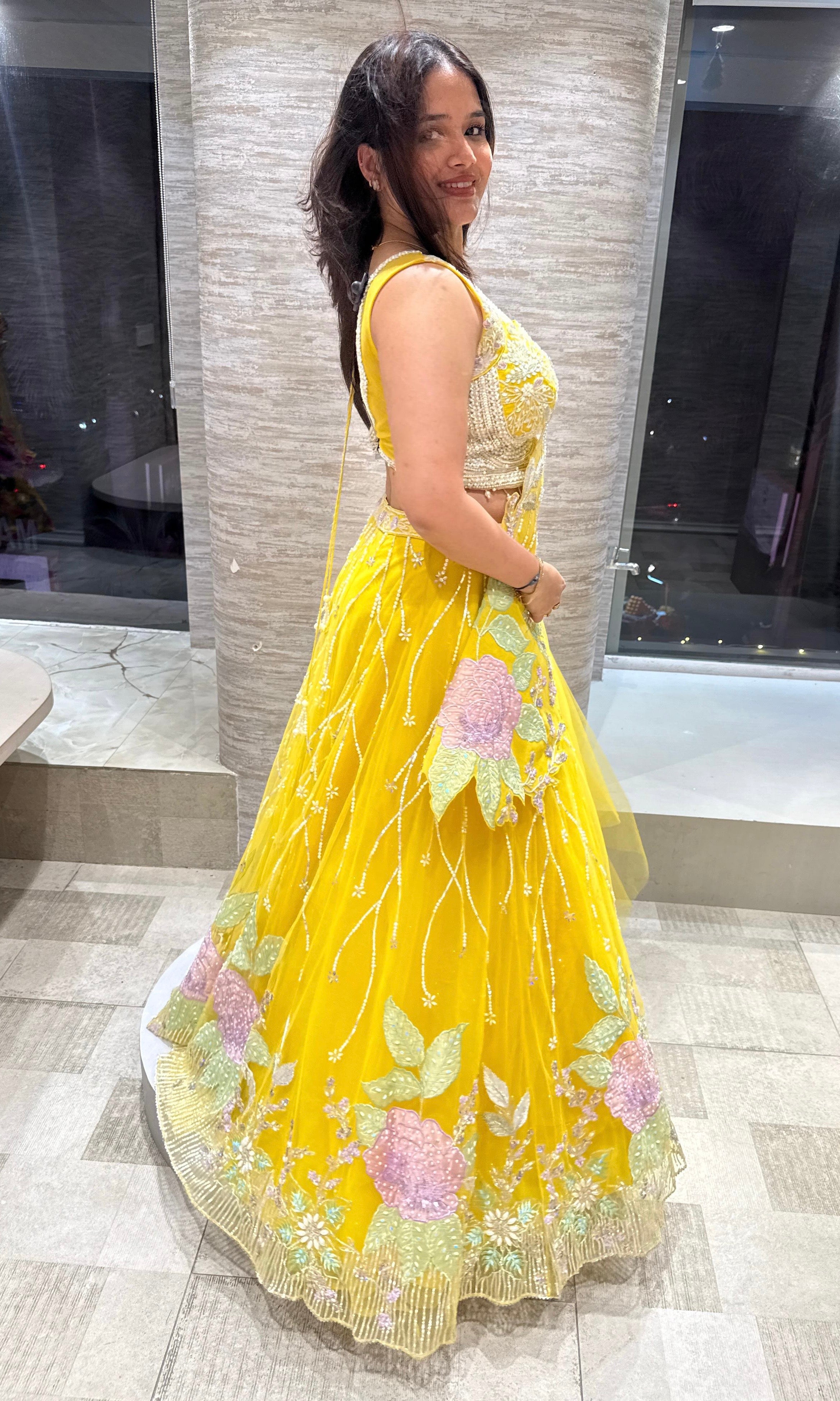 Yellow floral Crystal Embellished Lehenga