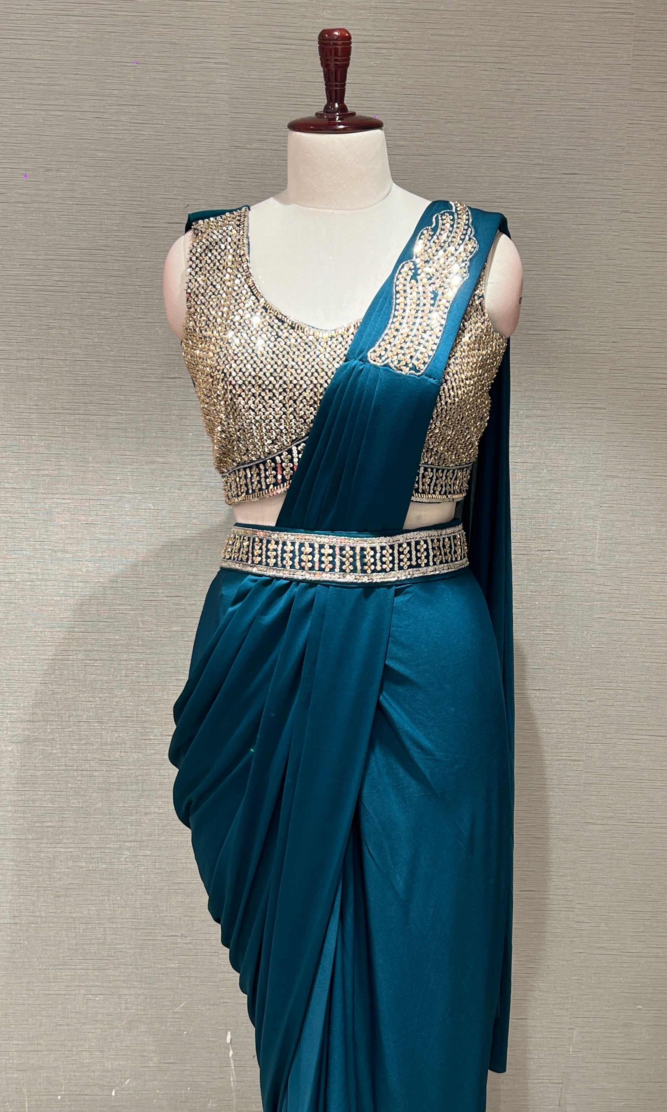 SEA GREEN DRAPE SAREE WITH FLORAL BLOUSE