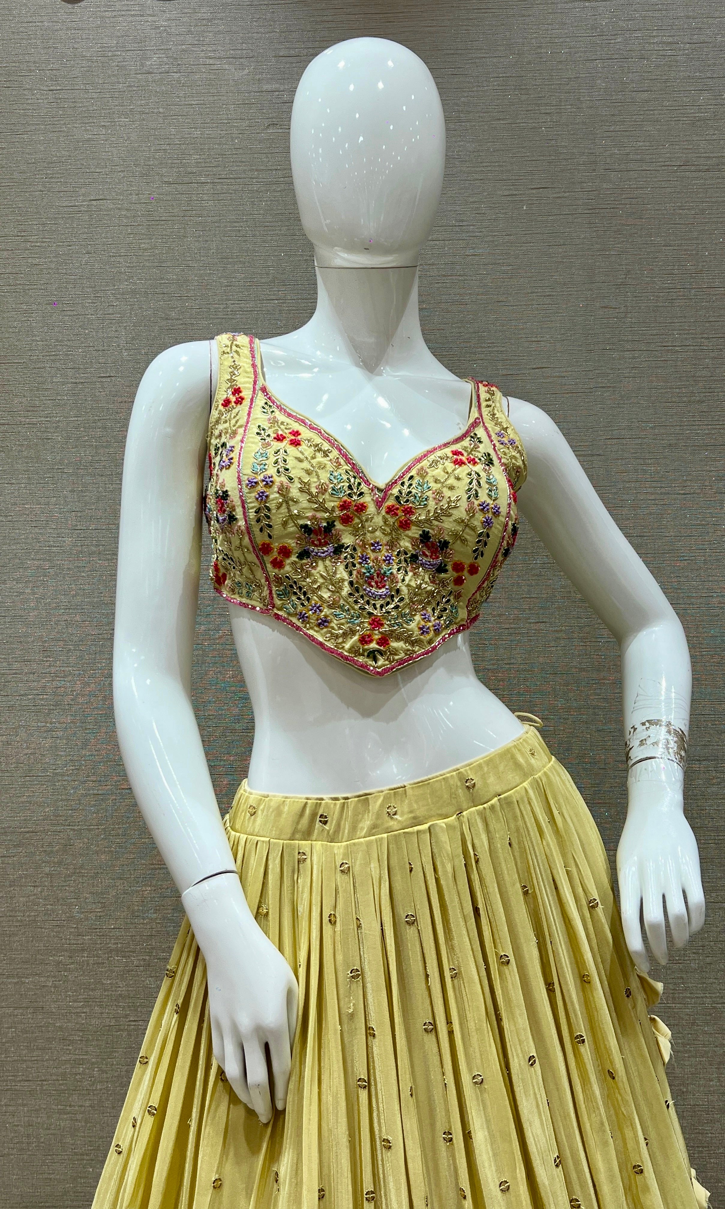 Pastel Butter Yellow Lehenga with Multicolor Floral Embroidery