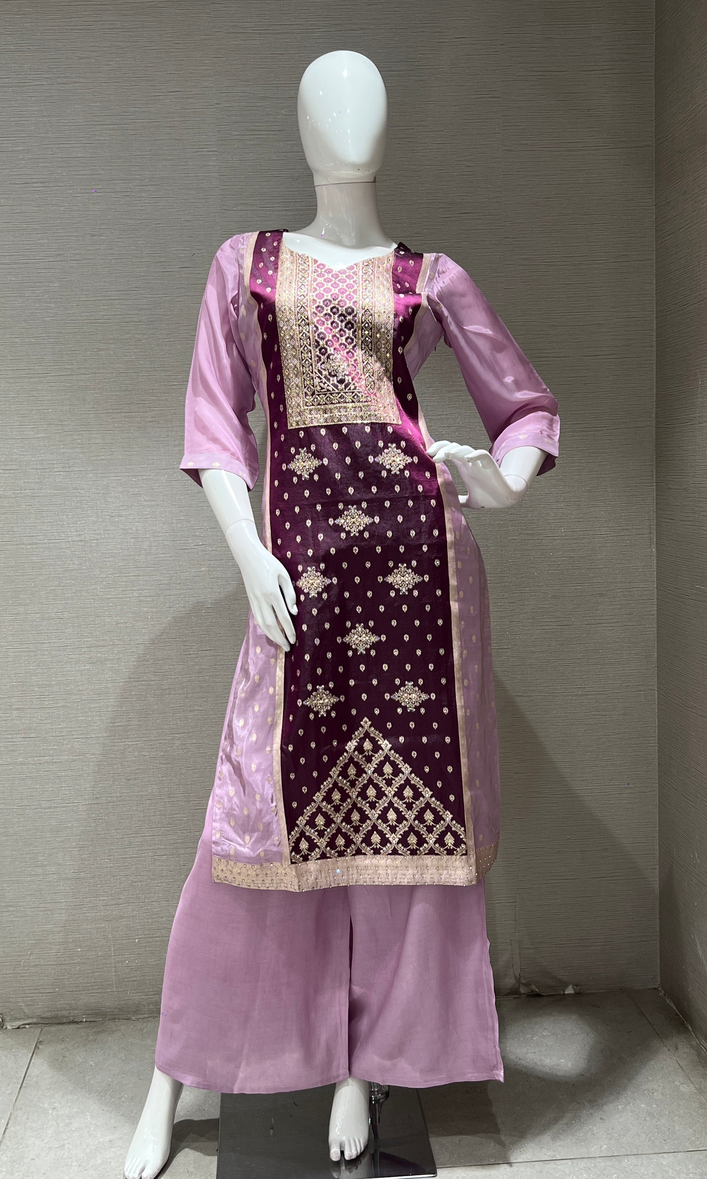WINE EMBROIDERED KURTA SET WITH PALAZZO PANTS