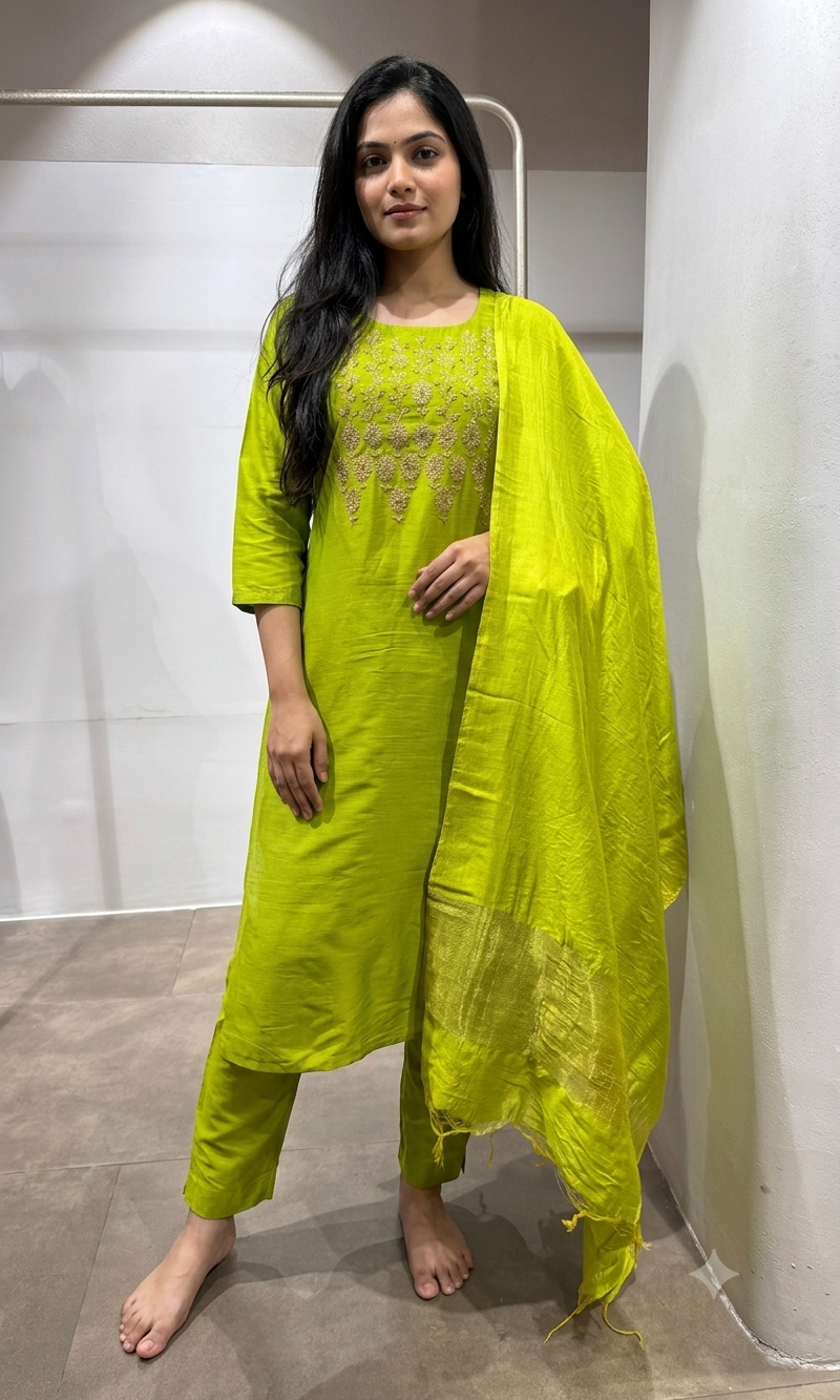 Lime Green Embroidered Silk Kurta set