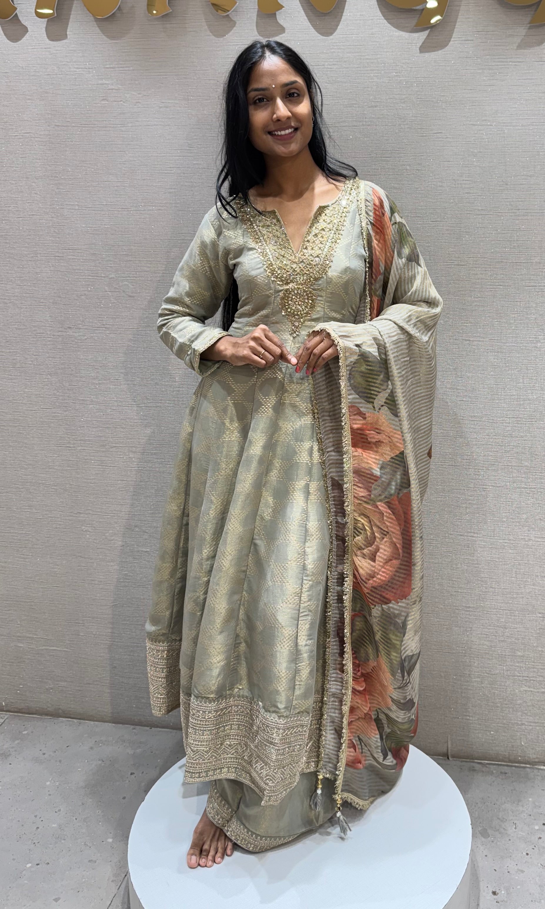 GREY Silk Anarkali Set with Floral Dupatta