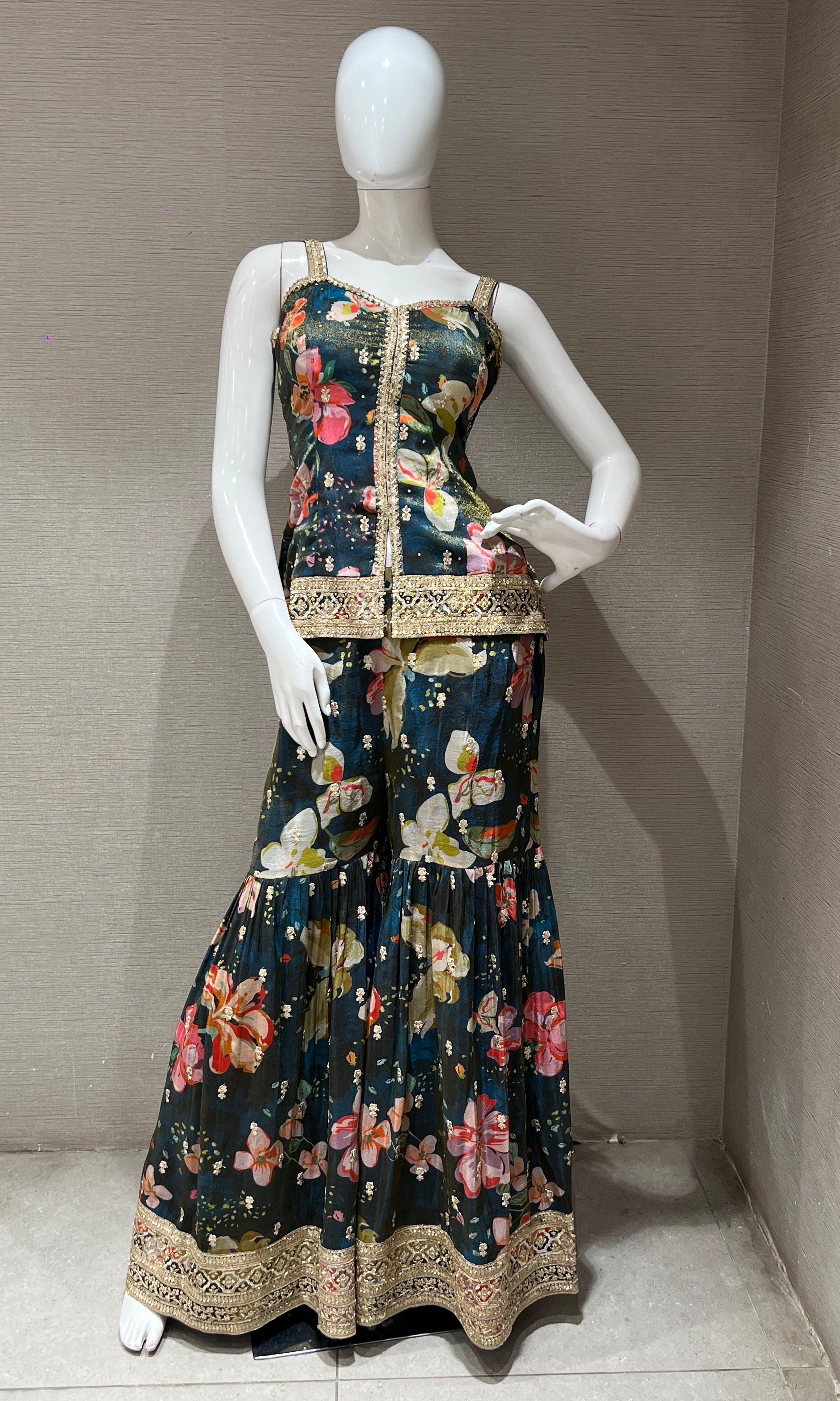 peacock Green floral print sharara set with short blouse