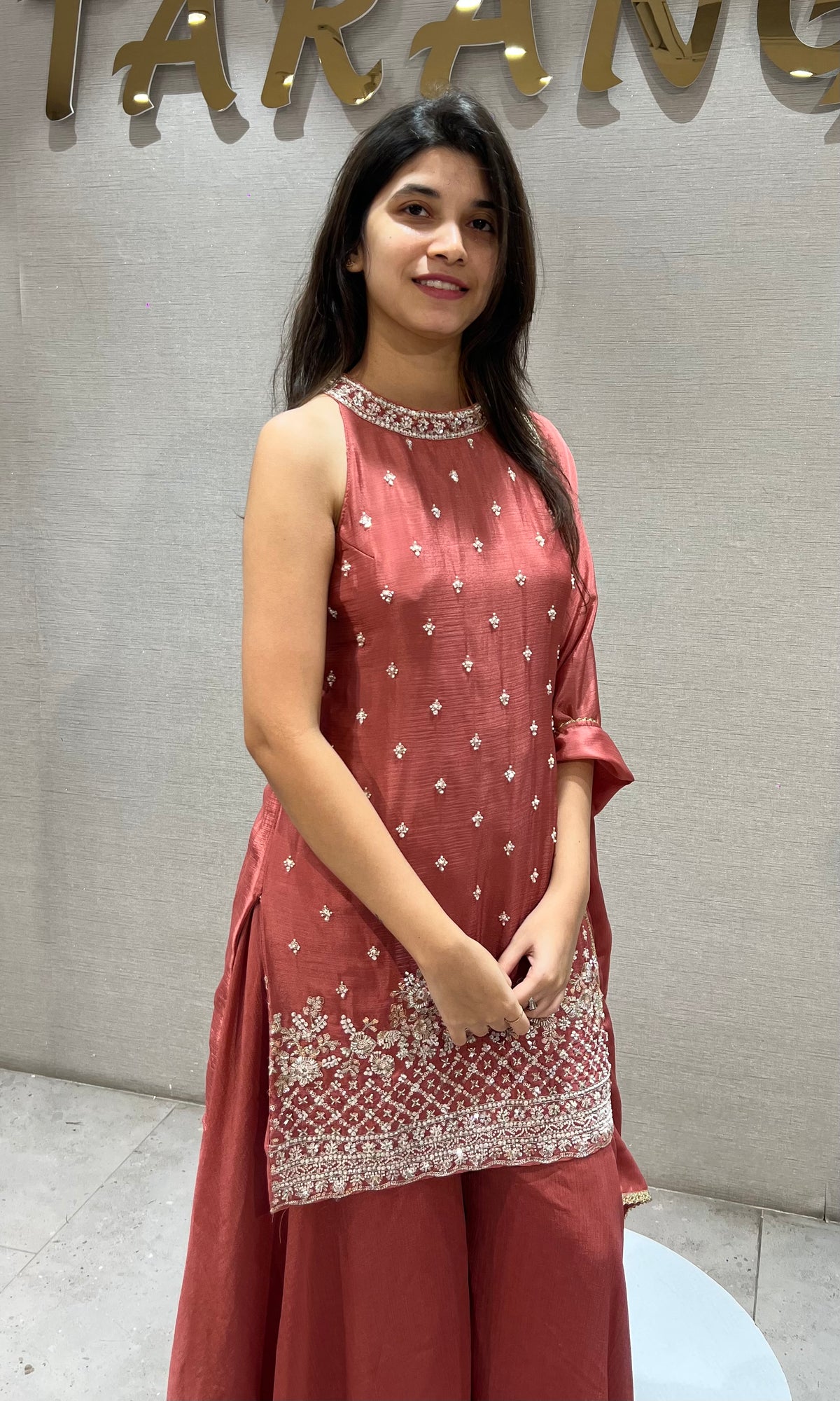 Rust Silk Embroidered Kurta and Palazzo Set