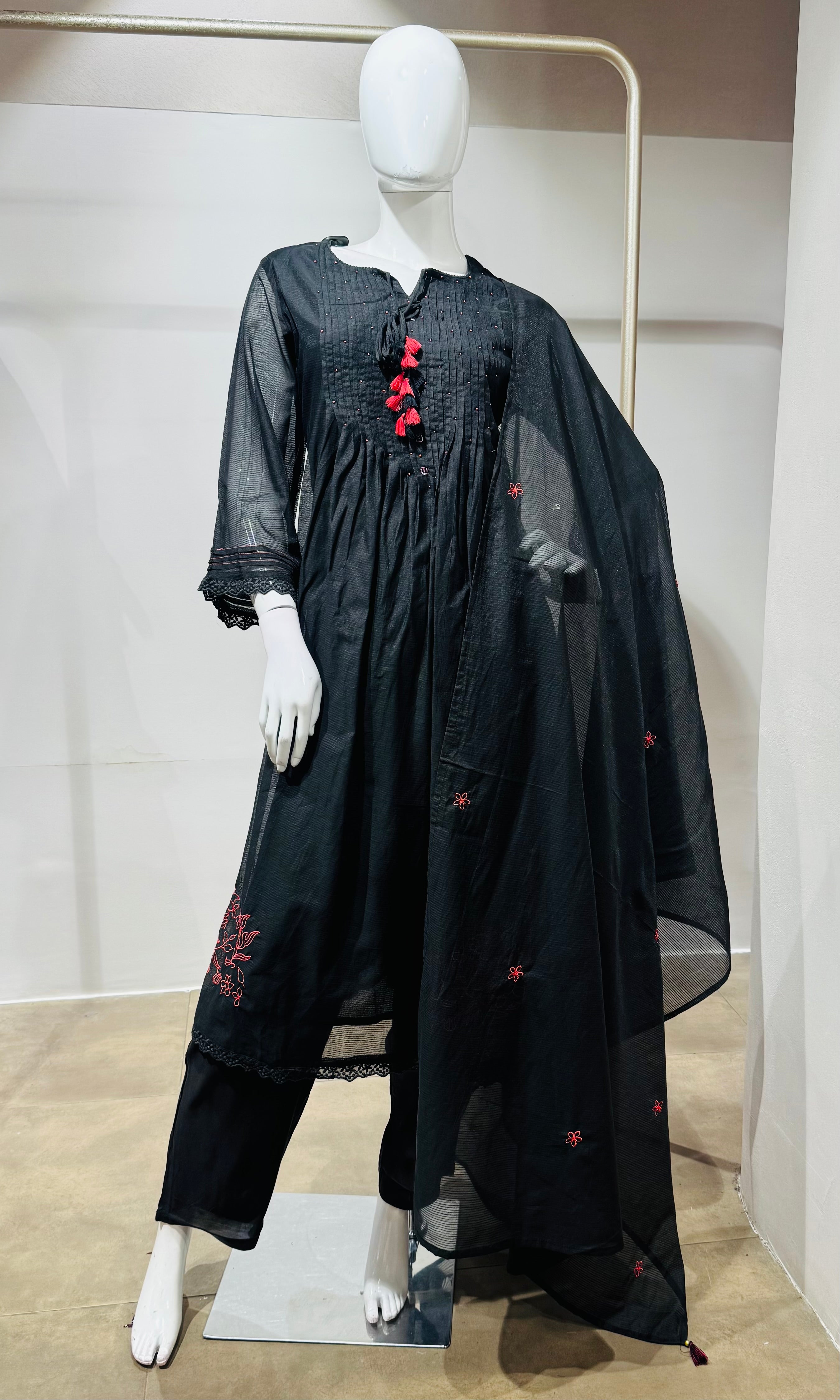 Black Pleated Kurti Set with Red Tassels