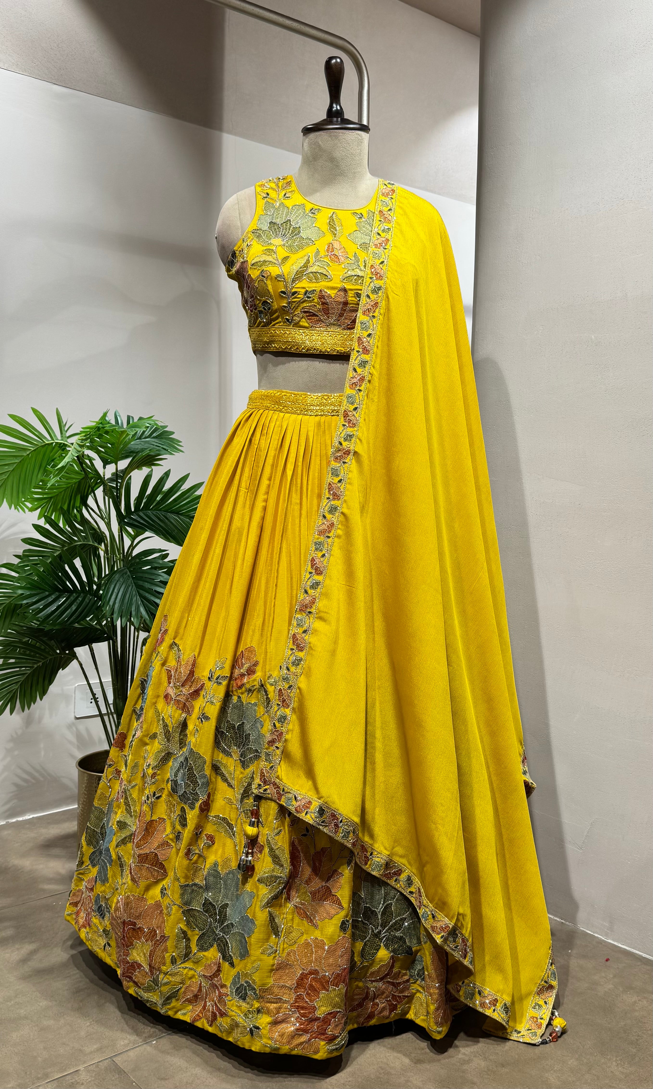 yellow floral printed embroidered lehenga