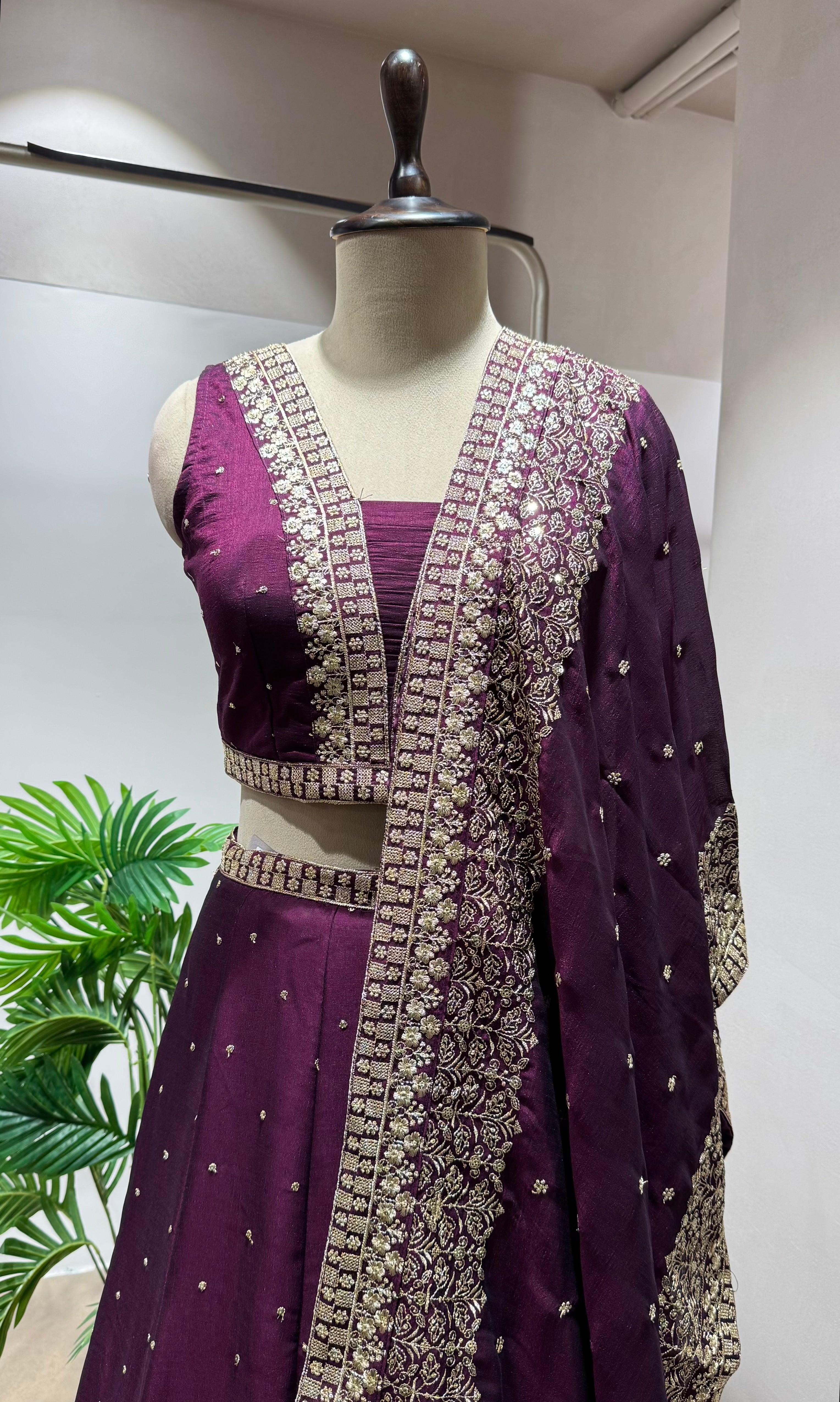 Wine Silk Lehenga with Intricate Zari Embroidery