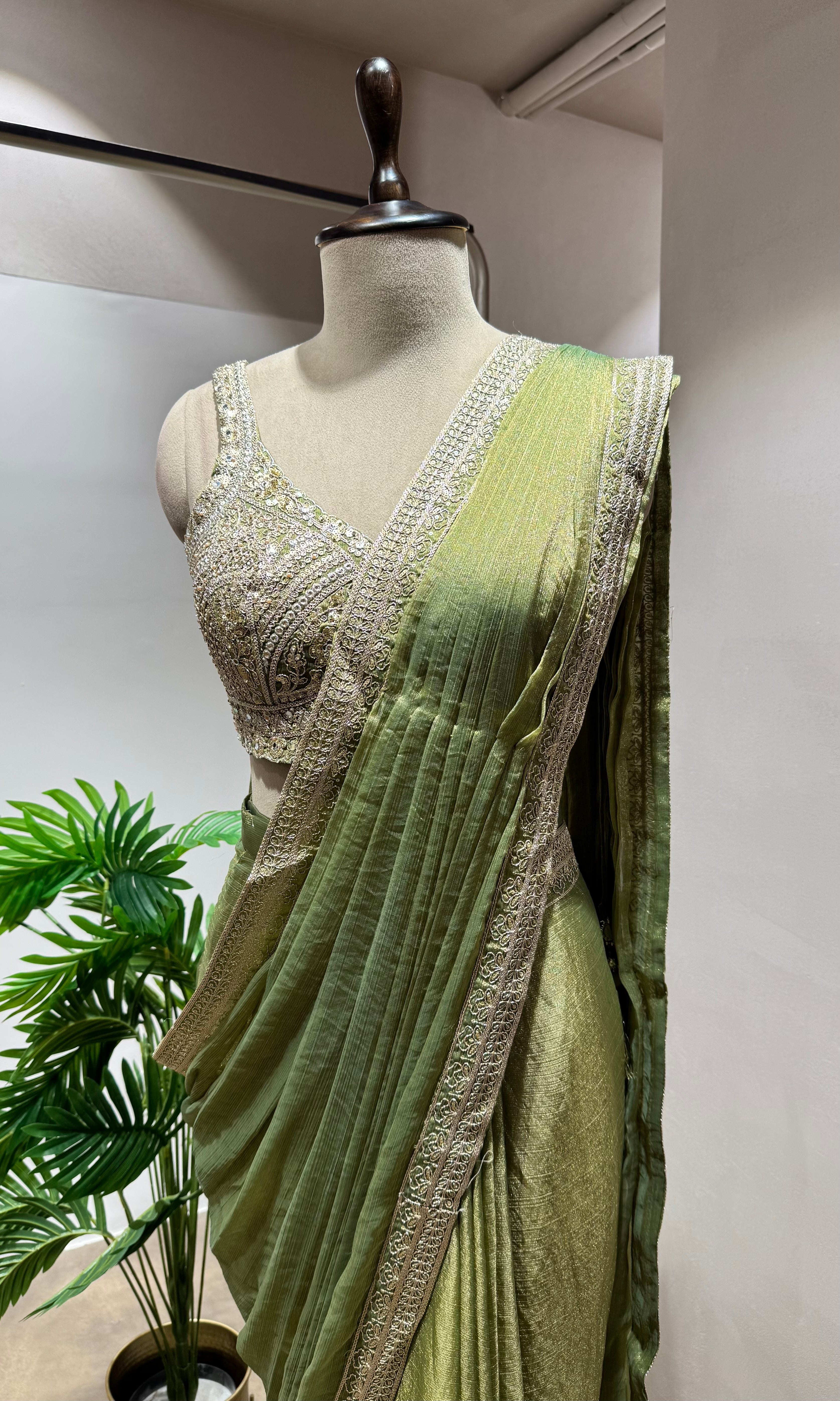 GREEN PLEATED DRAPE Saree with EMBELLISHED Blouse
