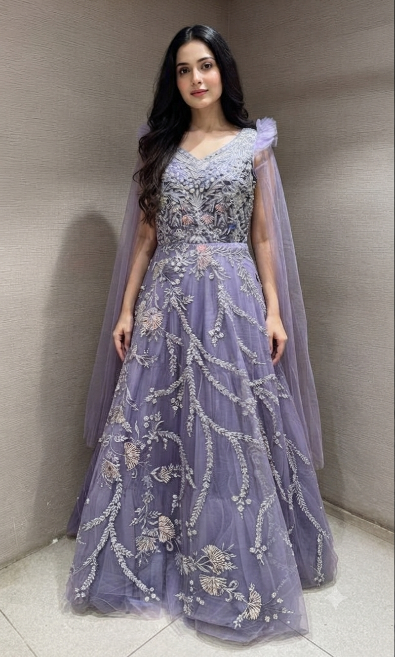 Purple Tulle Gown with Silver Floral Accents