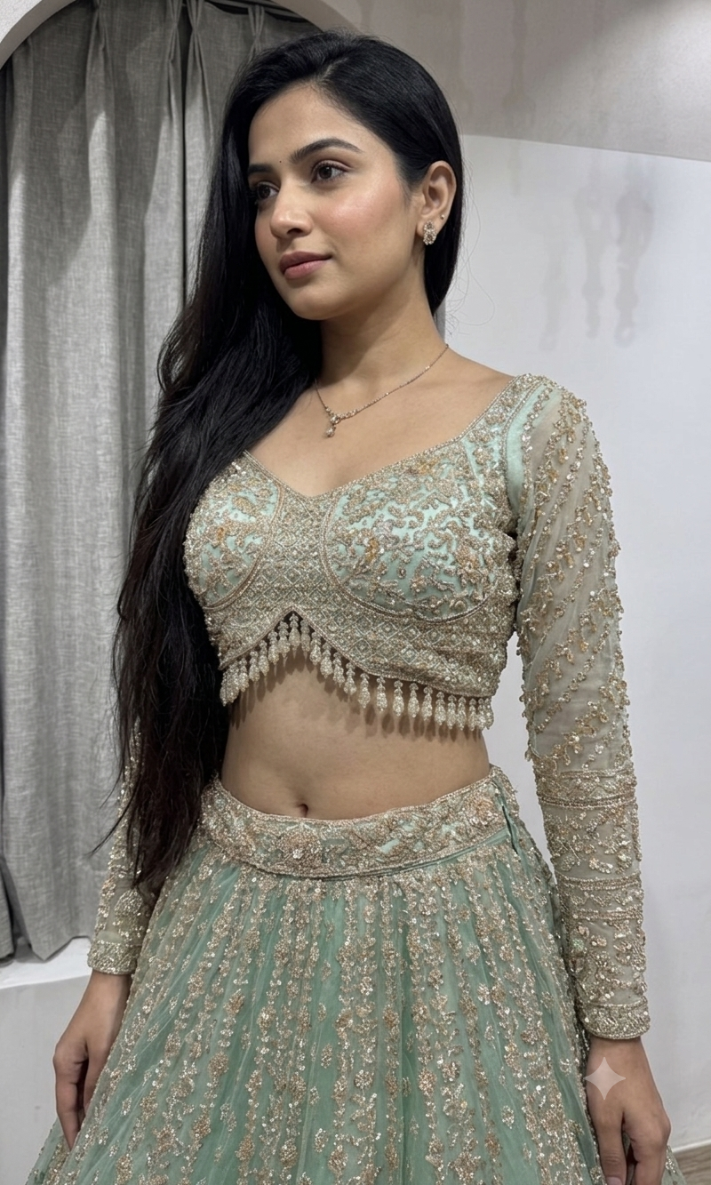 Pista Green Bridal Lehenga with Shimmering Border