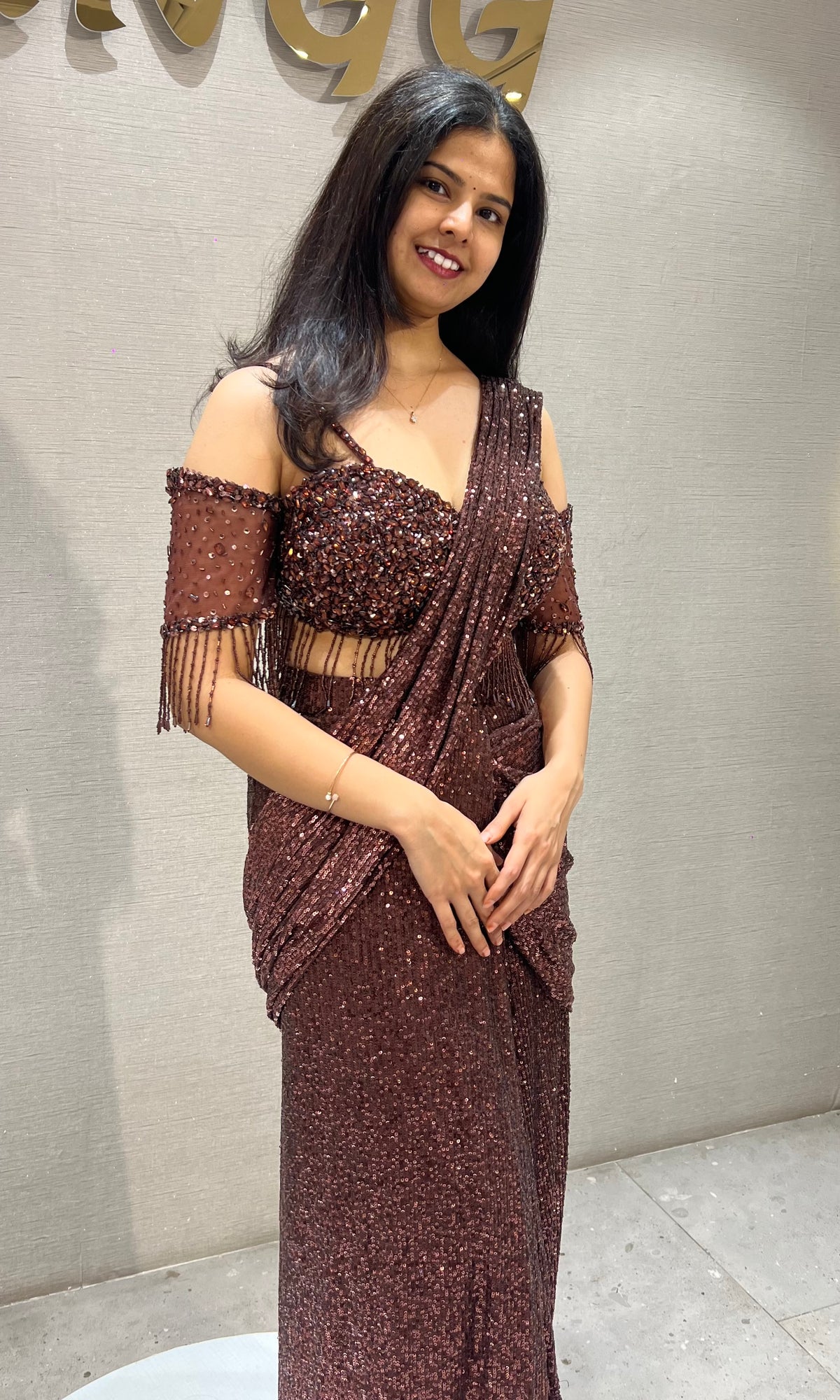Copper Sequined Draped Saree with Off-Shoulder Blouse