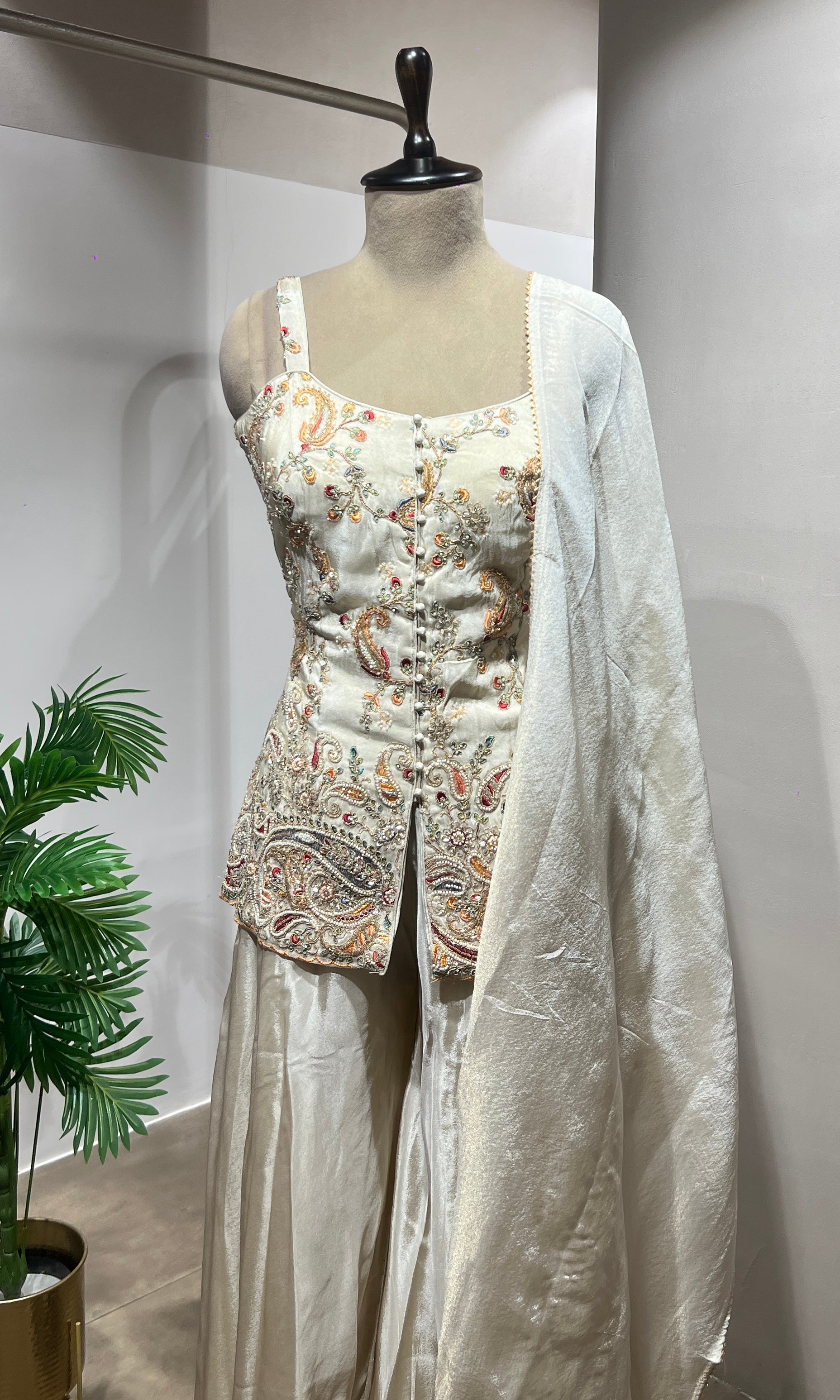 Cream Embroidered Palazzo Ensemble