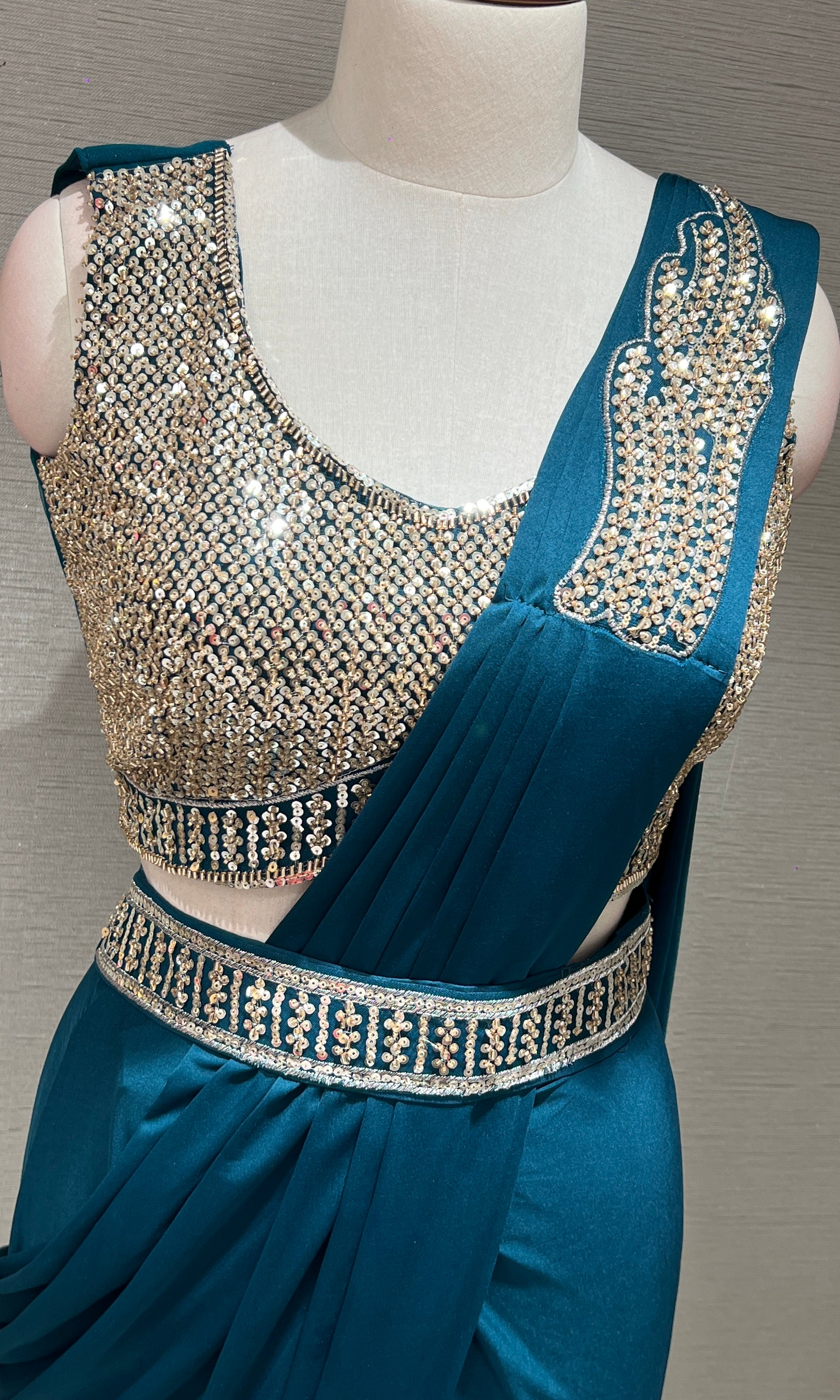 SEA GREEN DRAPE SAREE WITH FLORAL BLOUSE