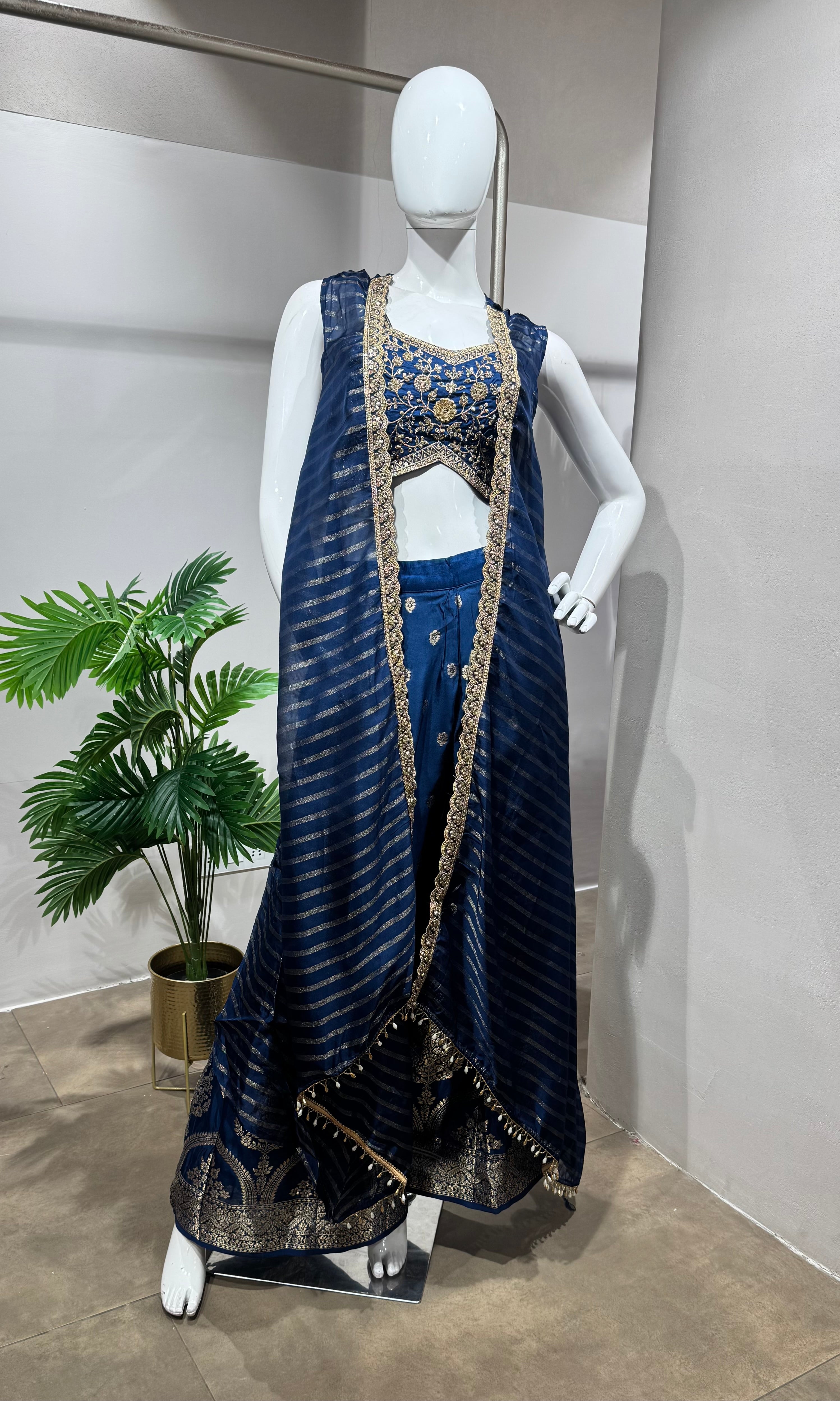 Navy Blue Indo-Western Draped Fusion Set
